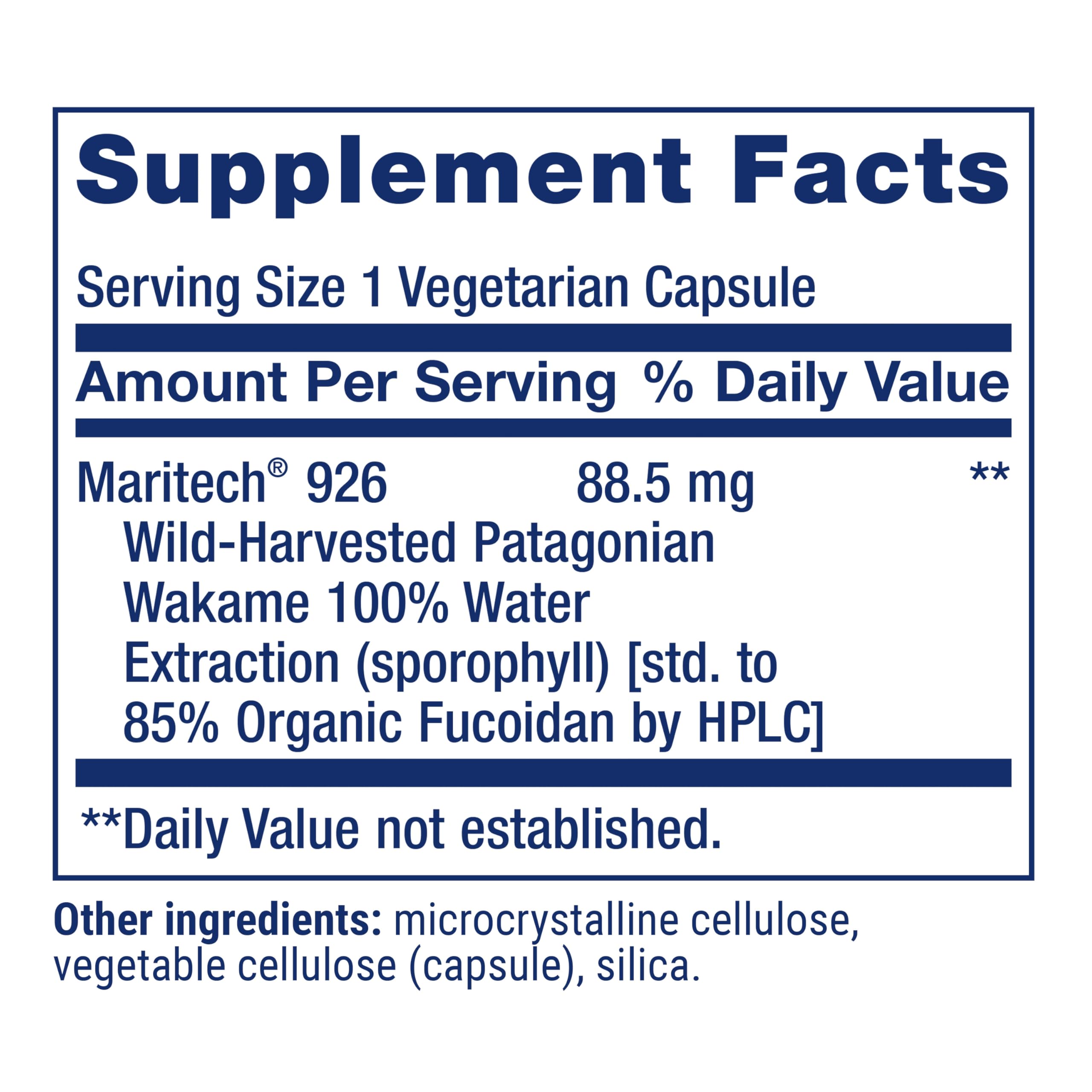 Maritech 926 fucoidan label close-up with gluten-free and non-GMO notes