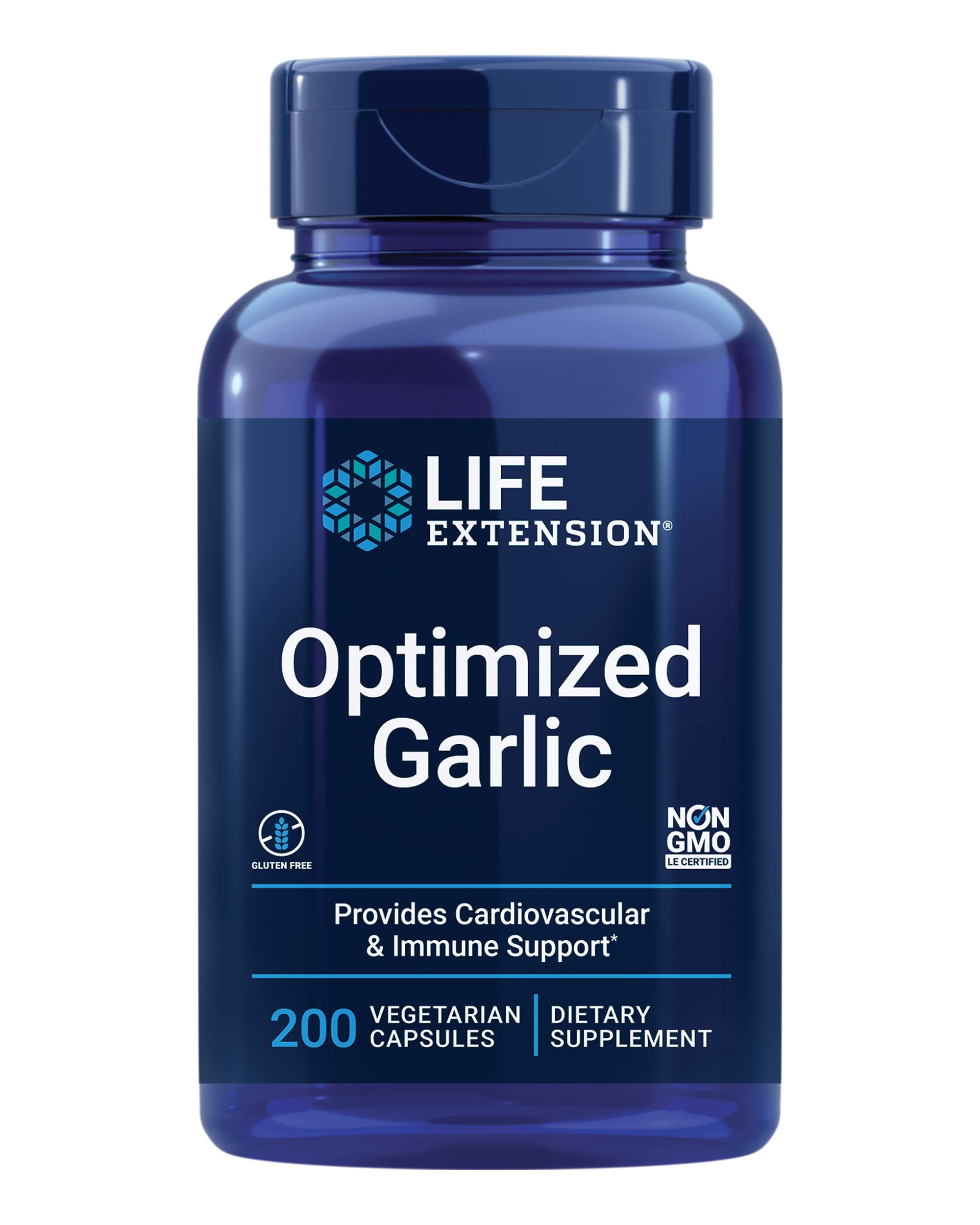 Life Extension Optimized Garlic bottle front for daily immune support.