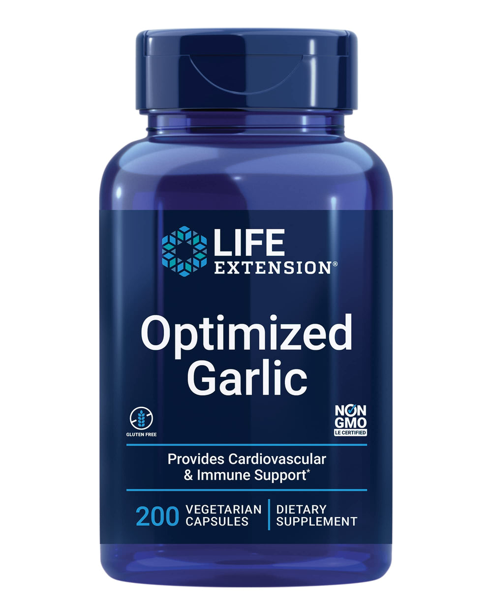 Life Extension Optimized Garlic bottle front for daily immune support.