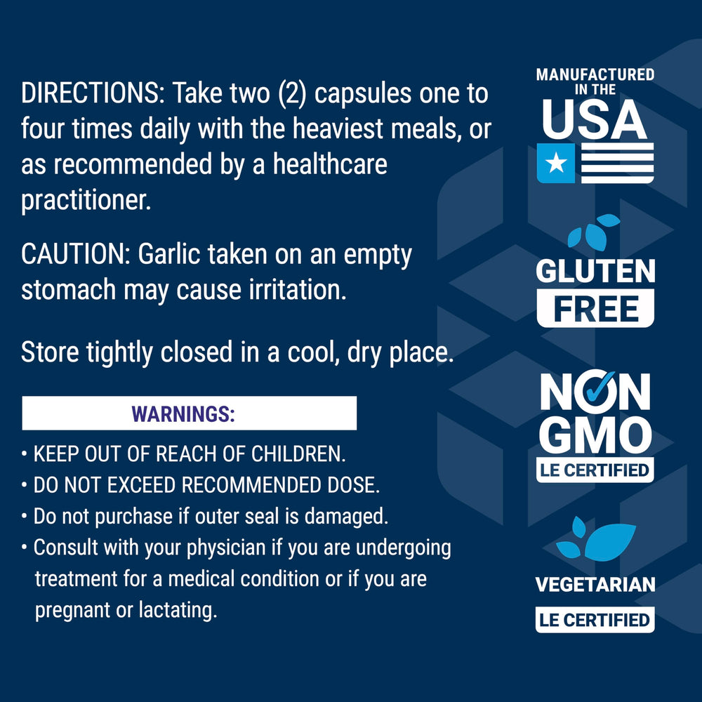 Life Extension Optimized Garlic box featuring non-GMO and gluten-free notes.