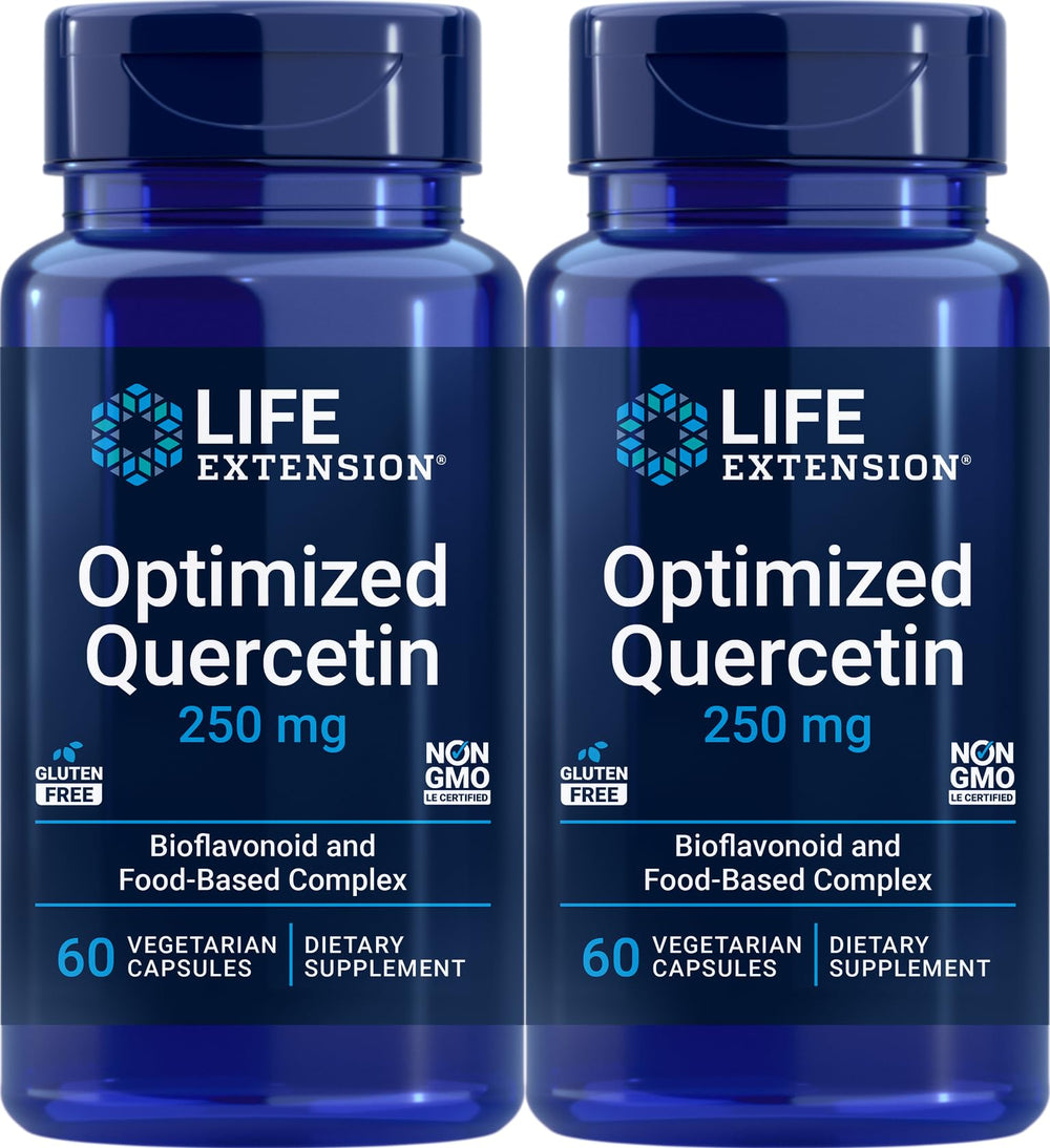Life Extension Optimized Quercetin bottle front view with 60 vegetarian capsules for antioxidant support