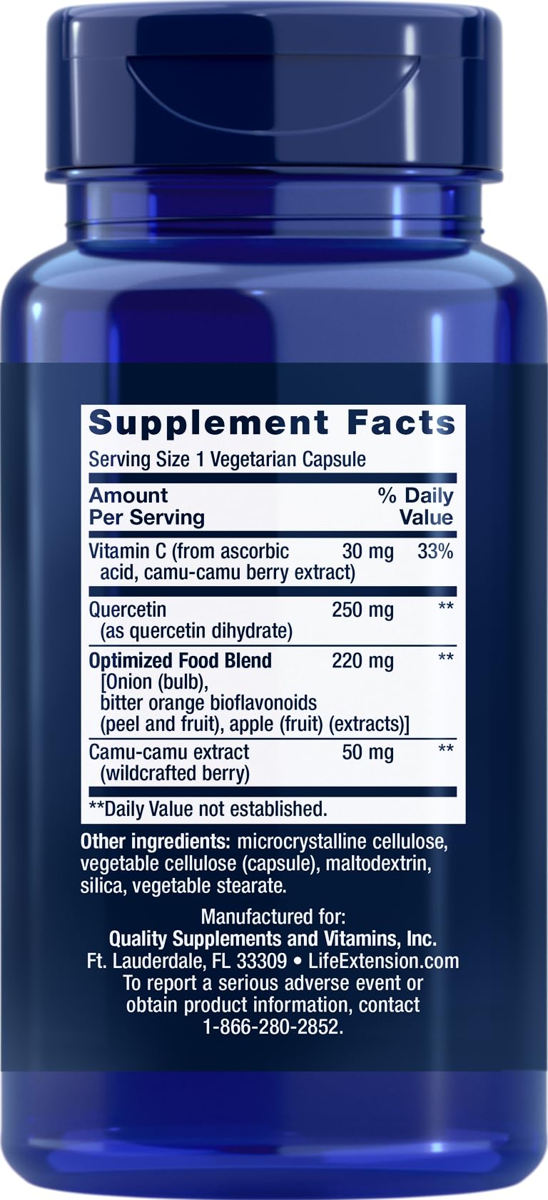 Life Extension Optimized Quercetin bottle label close-up showing two-pack value and ingredients