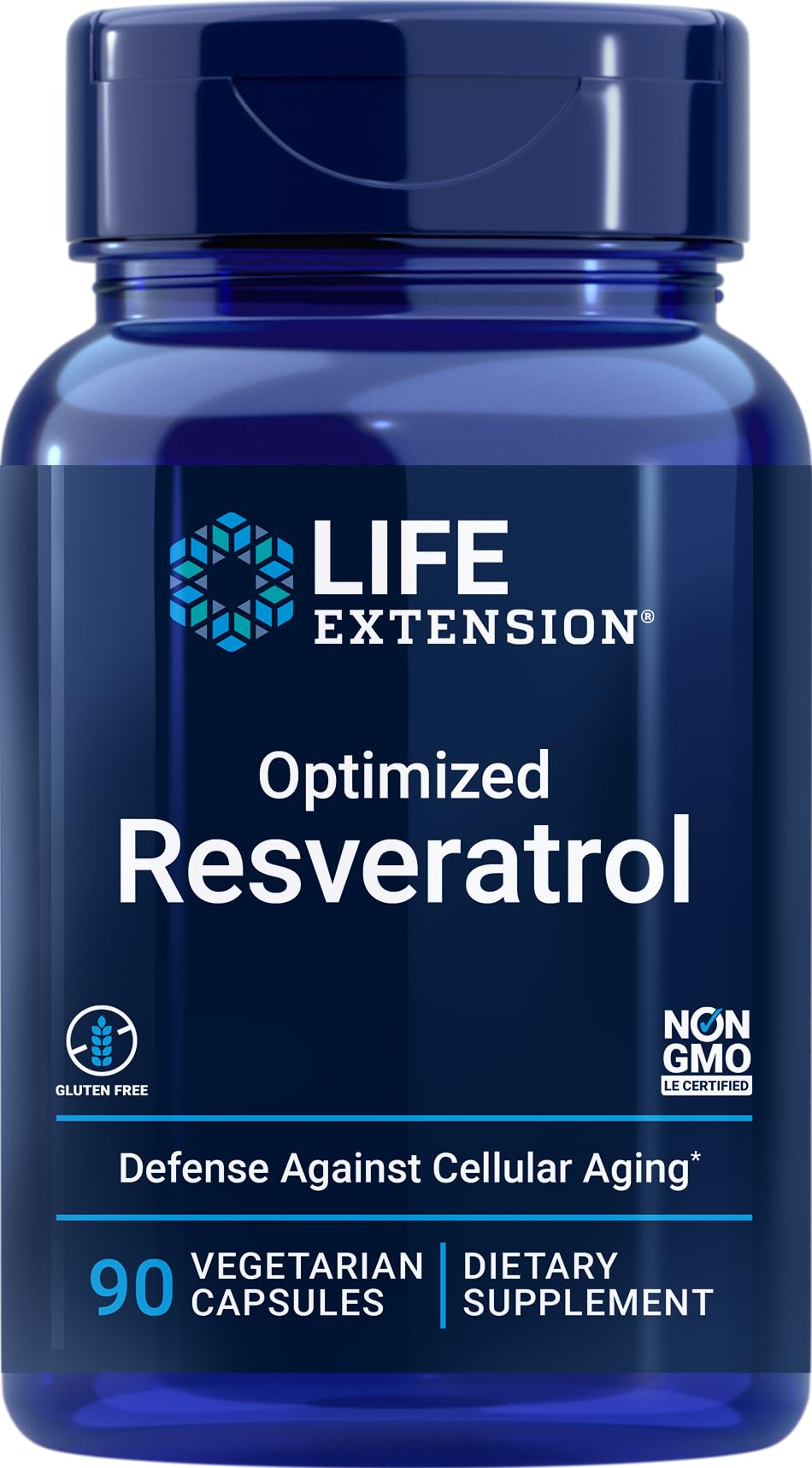 Life Extension Optimized Resveratrol bottle with 90 capsules for daily longevity support.