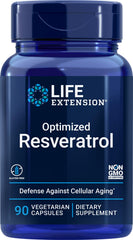 Life Extension Optimized Resveratrol bottle with 90 capsules for daily longevity support.