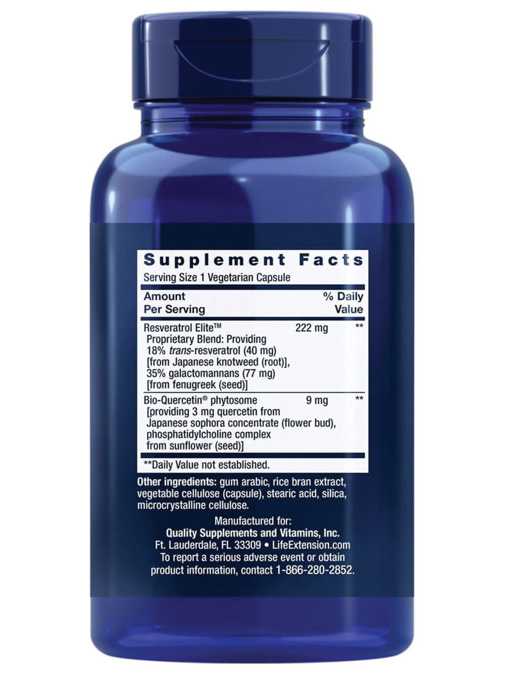 Life Extension Optimized Resveratrol Elite bottle back confirms gluten-free and non-GMO ingredients