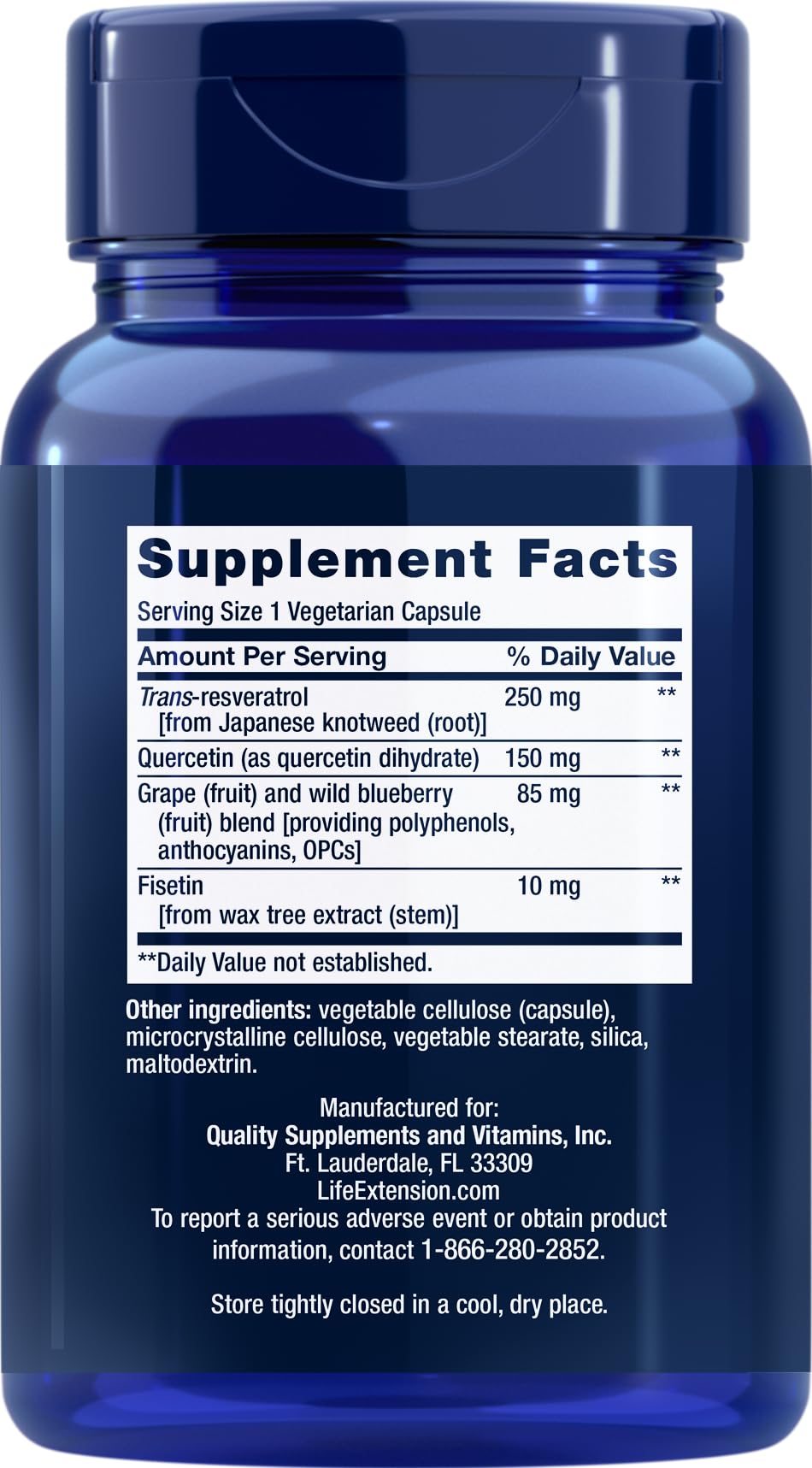 Life Extension Optimized Resveratrol label highlights trans-resveratrol and plant nutrients.