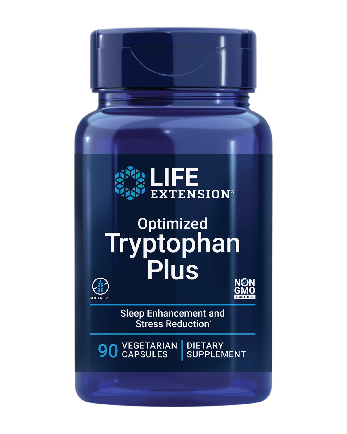Life Extension Optimized Tryptophan Plus bottle on desk suggesting sleep support and mood balance