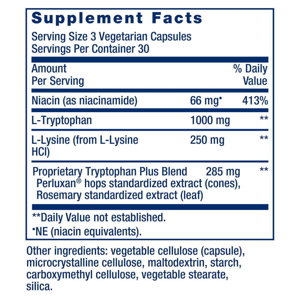 Close-up of Life Extension label highlighting tryptophan, niacin, and lysine