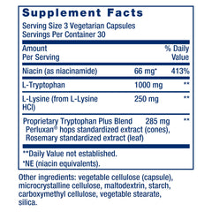 Close-up of Life Extension label highlighting tryptophan, niacin, and lysine