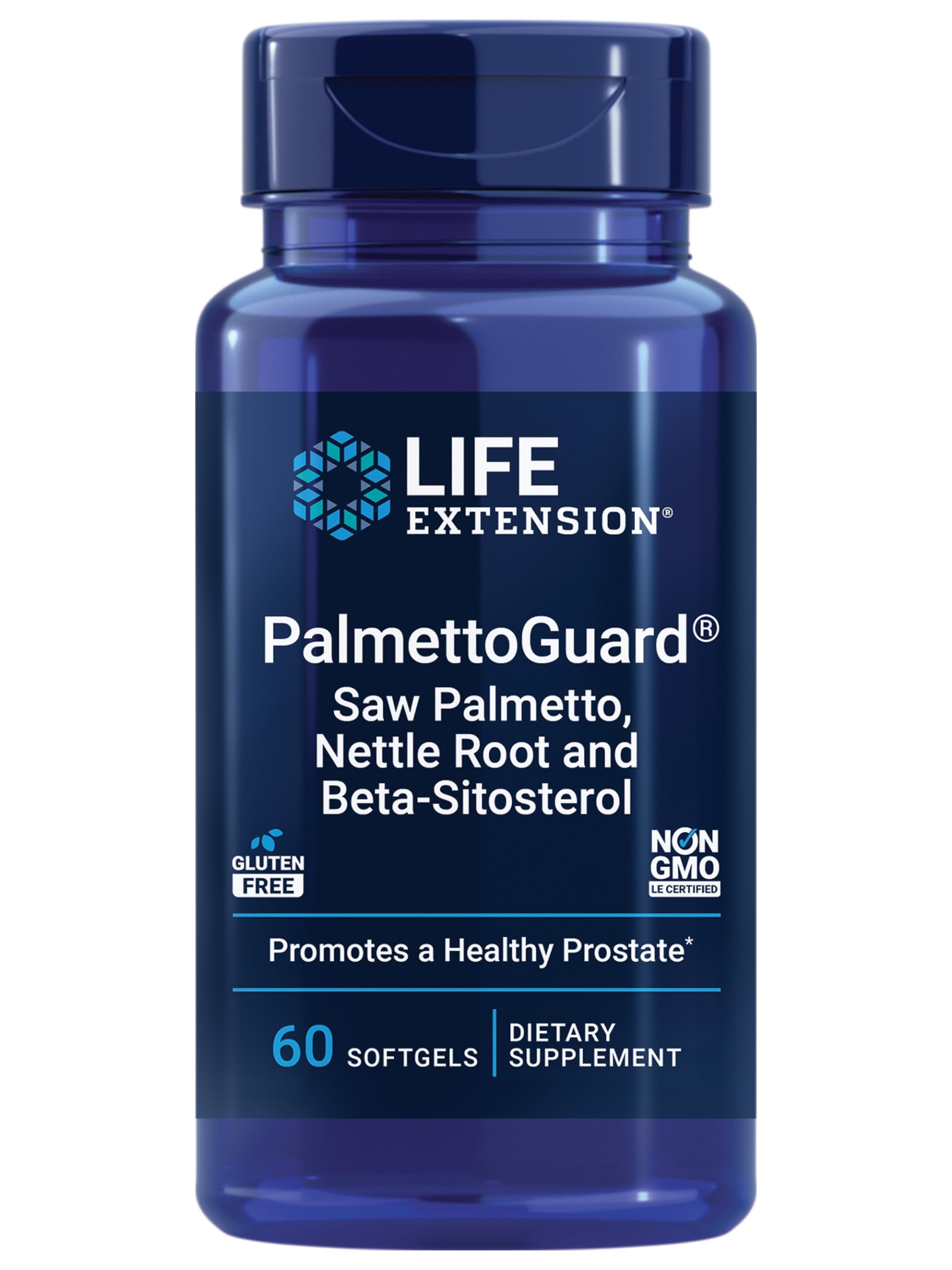 Life Extension PalmettoGuard bottle shows 60 softgels for daily prostate support