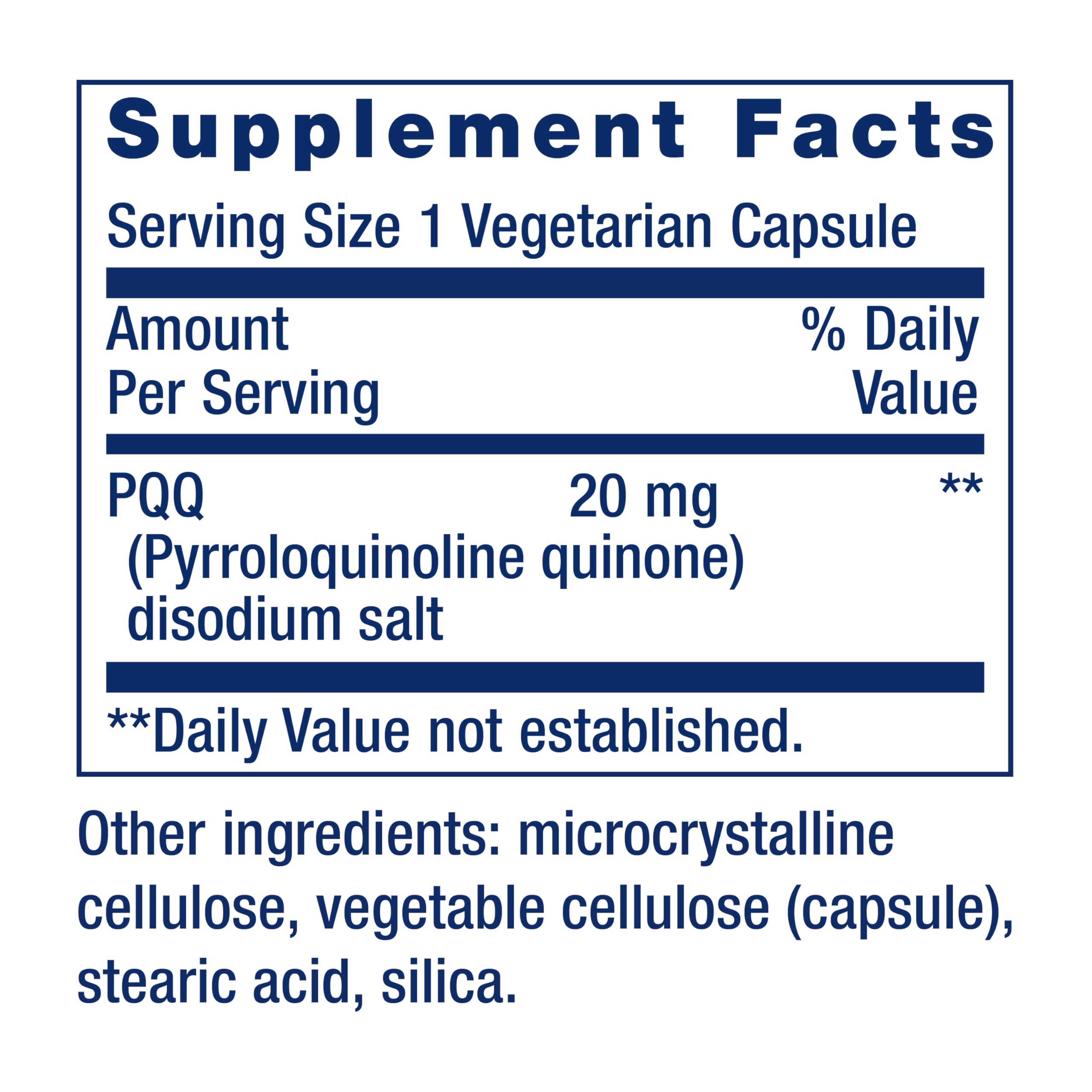 Life Extension PQQ bottle close-up shows label with non-GMO and purity.