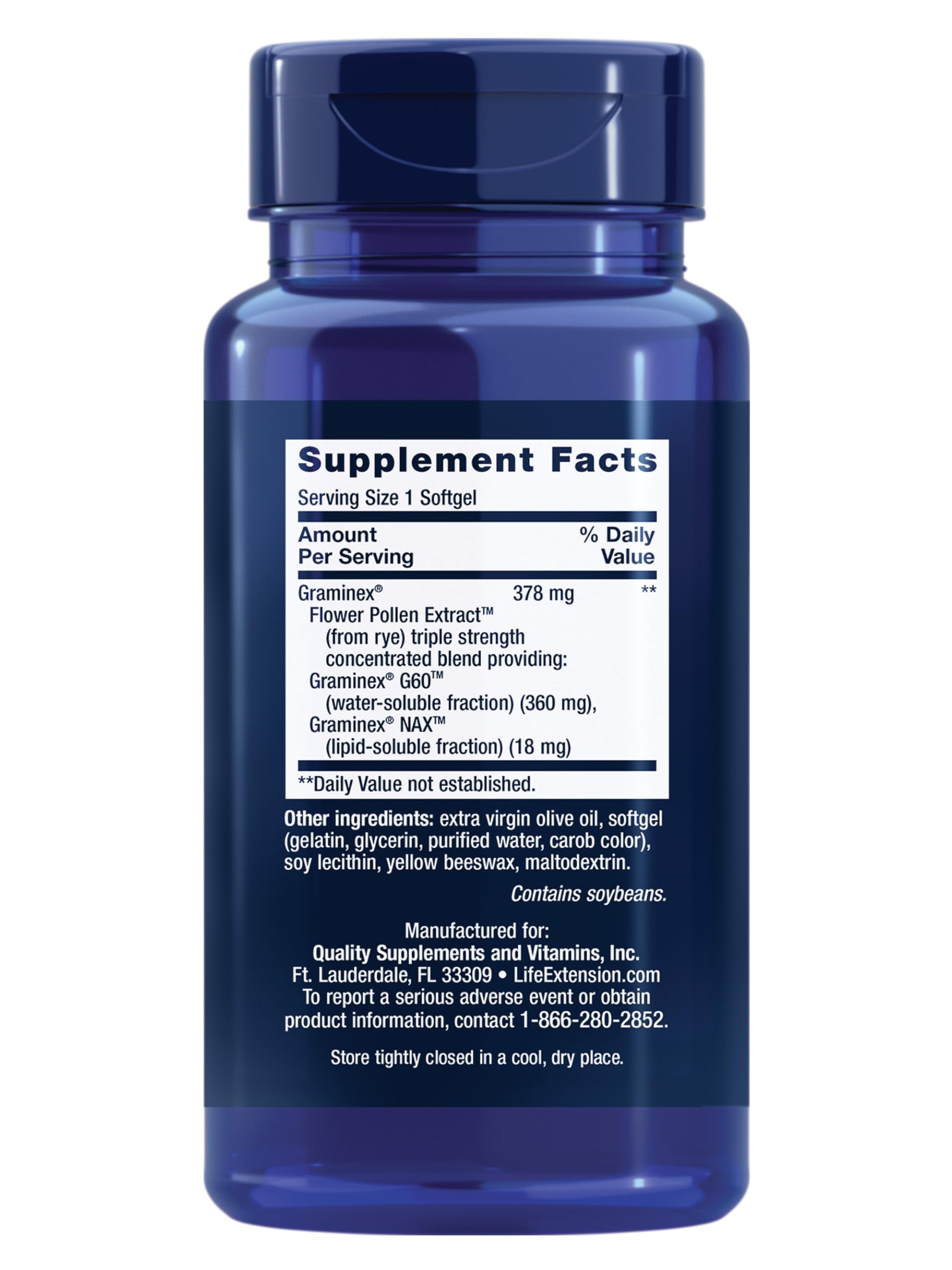 Life Extension ProstaPollen bottle back shows ingredients and gluten-free formula.