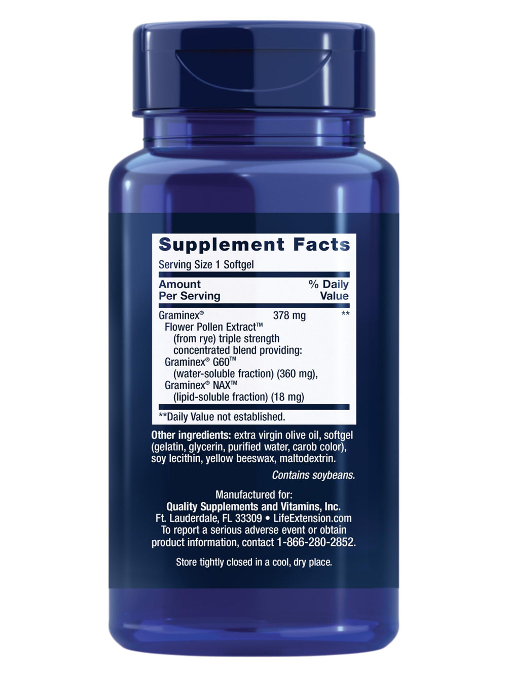 Life Extension ProstaPollen bottle back shows ingredients and gluten-free formula.
