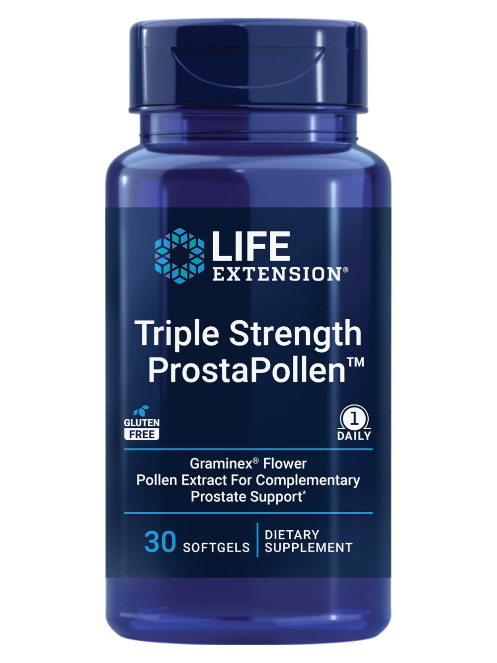 Life Extension ProstaPollen bottle front with gluten-free daily softgels for prostate support.