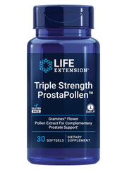 Life Extension ProstaPollen bottle front with gluten-free daily softgels for prostate support.
