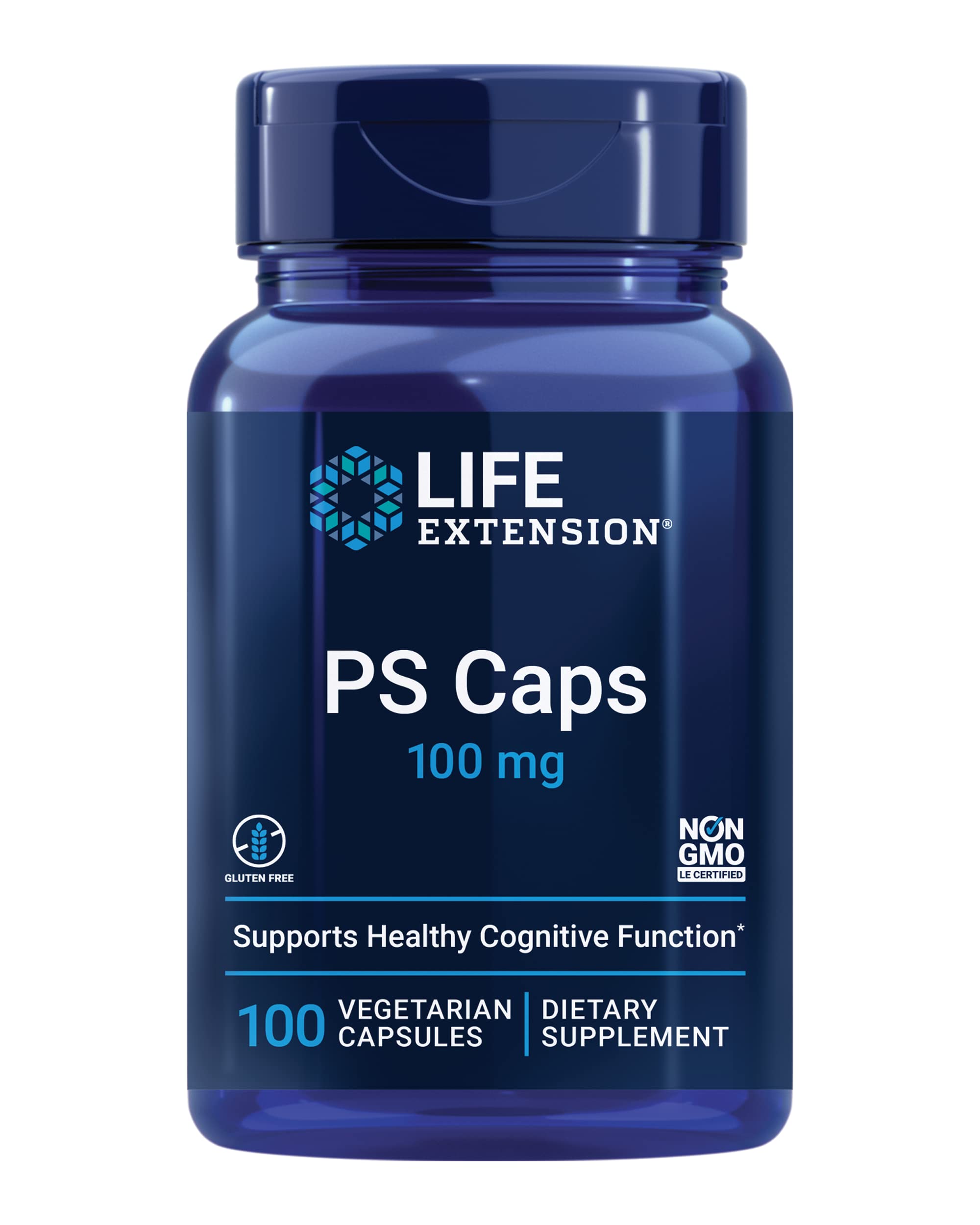 Life Extension PS Caps bottle displaying 100 mg phosphatidylserine for cognitive support.