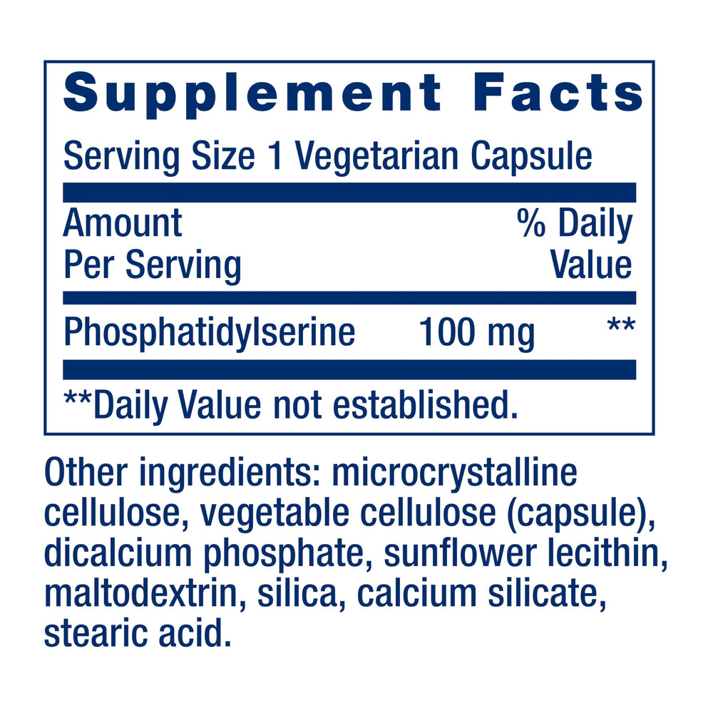 Life Extension PS Caps capsule closeup emphasizing 100 mg PS content.