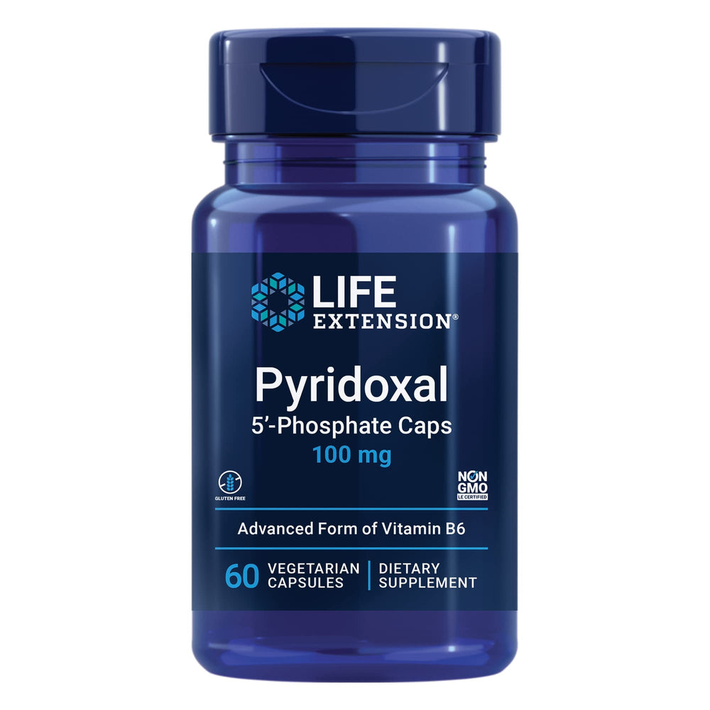 Life Extension Pyridoxal 5'-Phosphate capsules on bottle, bioactive B6 for nerves