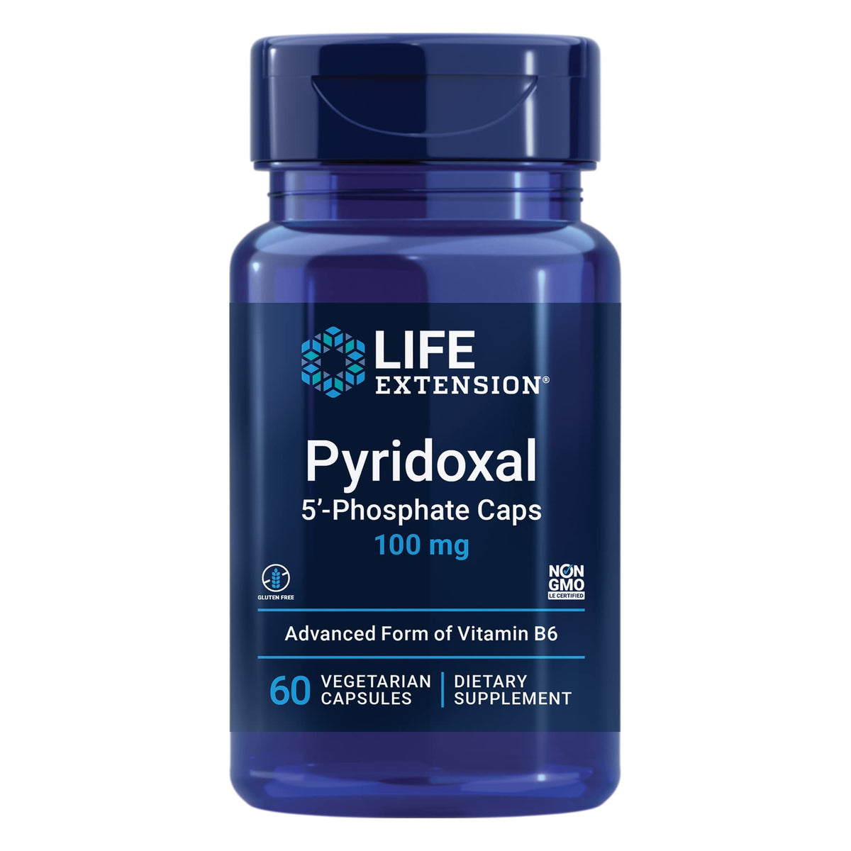 Life Extension Pyridoxal 5'-Phosphate capsules on bottle, bioactive B6 for nerves
