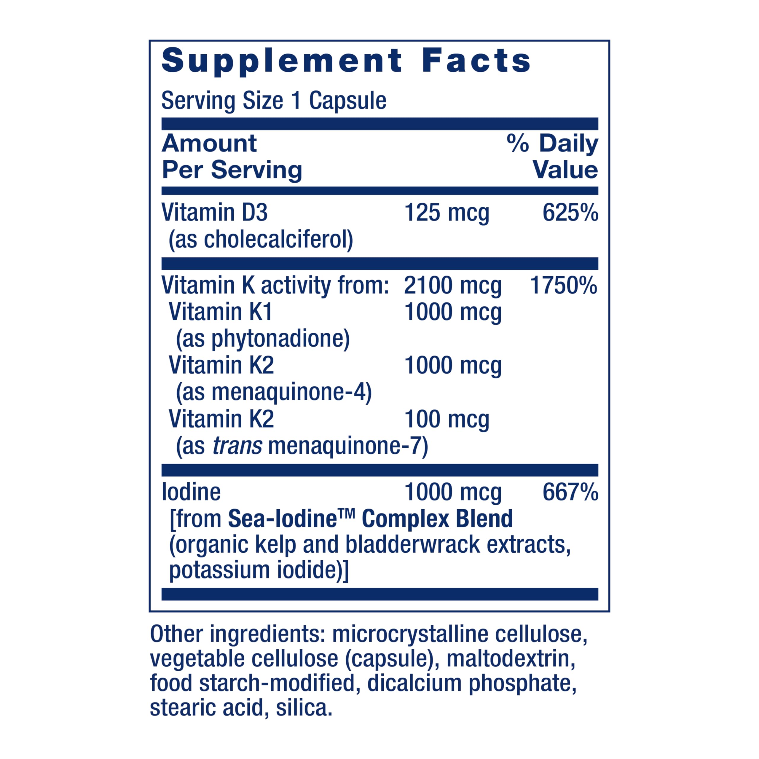 Life Extension SeaIodine ingredients label reveals iodine from sea vegetables supporting thyroid hormone production.