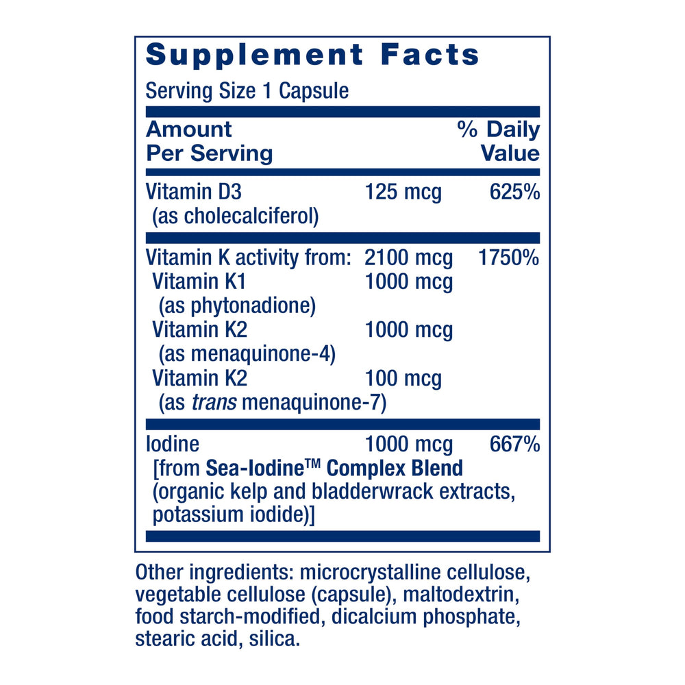 Life Extension SeaIodine ingredients label reveals iodine from sea vegetables supporting thyroid hormone production.