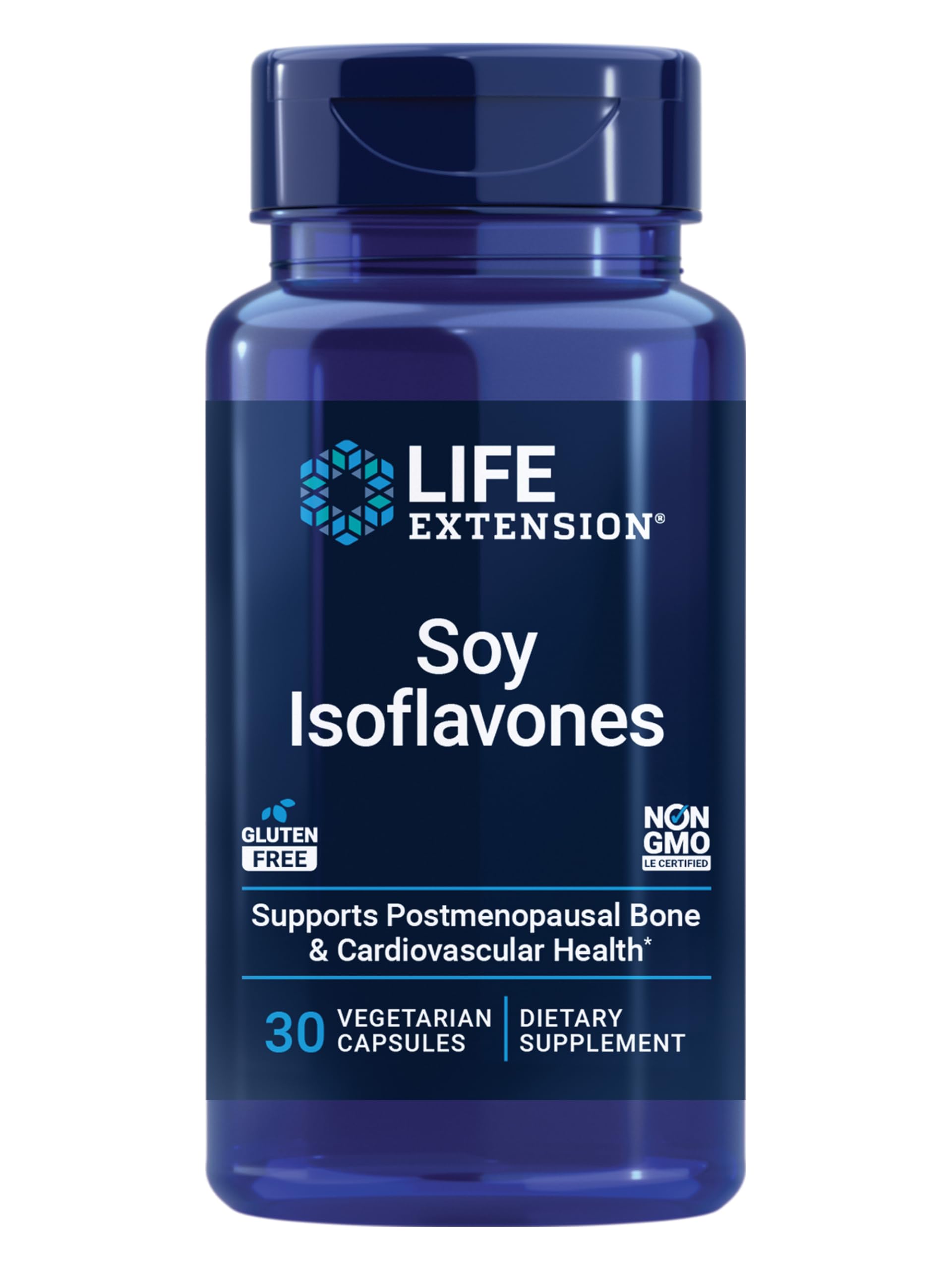 Life Extension Soy Isoflavones bottle front, suggesting daily support for heart and bone health.
