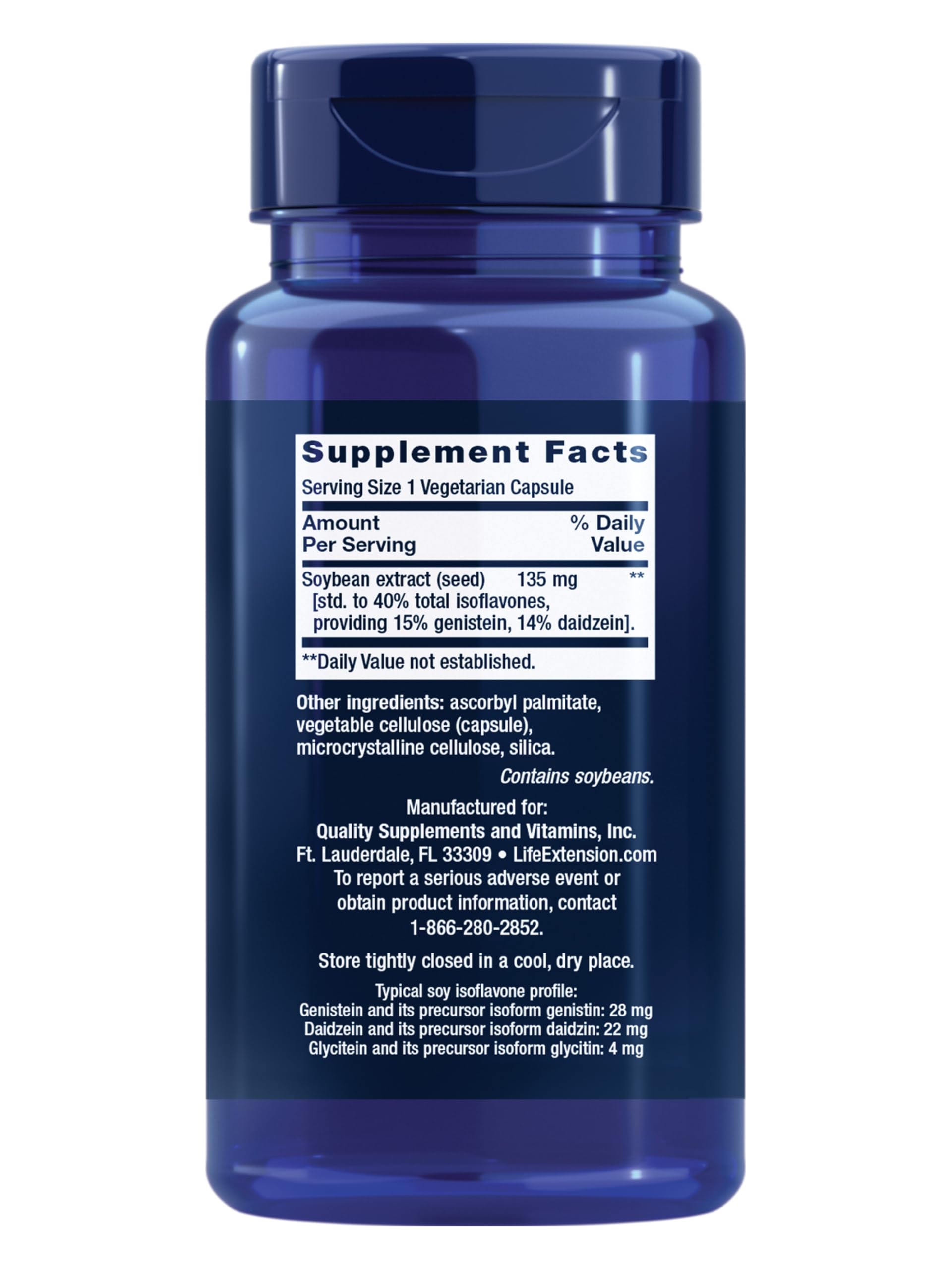Life Extension Soy Isoflavones capsules close-up, with 135 mg extract and 40% isoflavones.