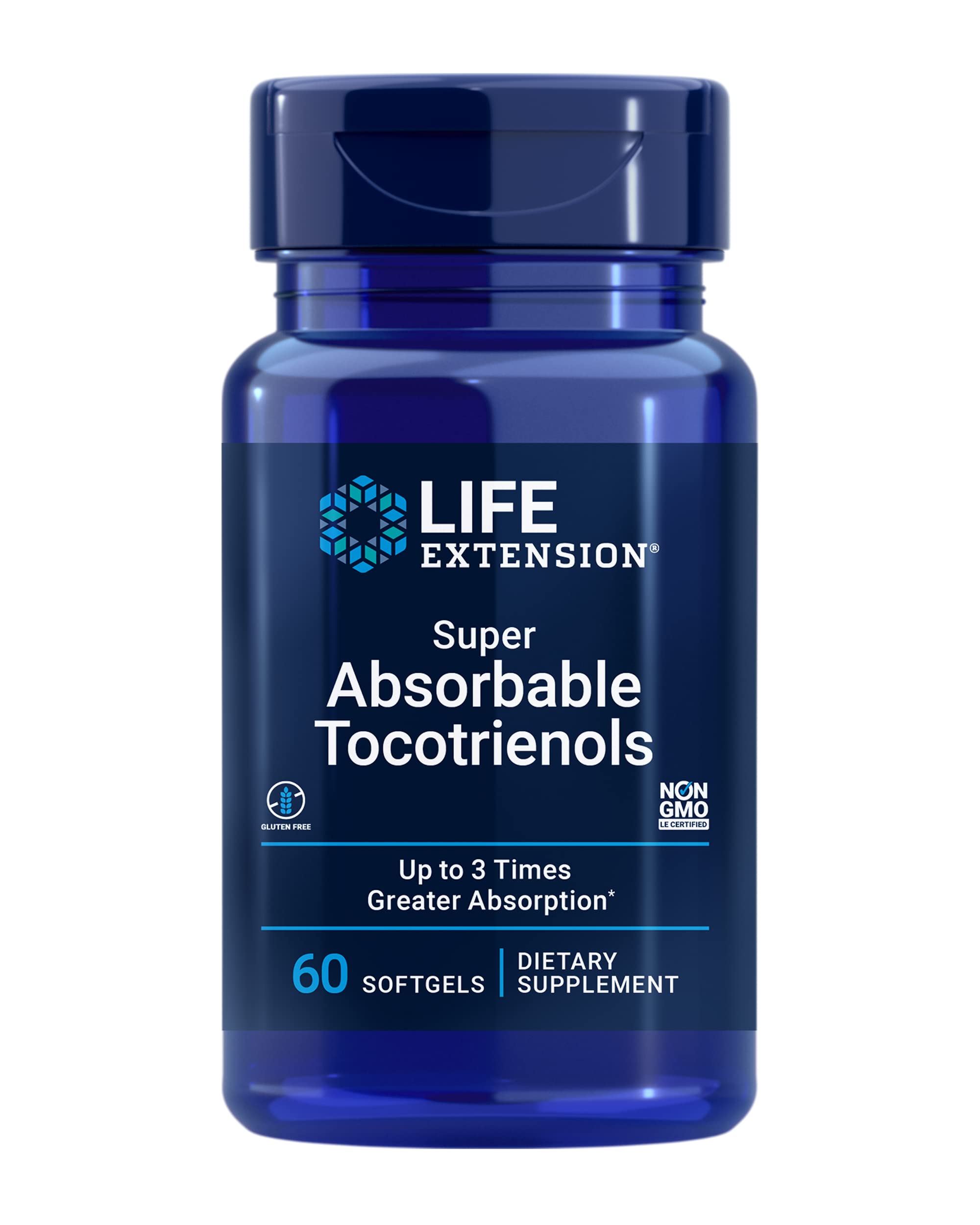 Life Extension Super Absorbable Tocotrienols bottle showing easy to swallow softgels and gluten-free formulation