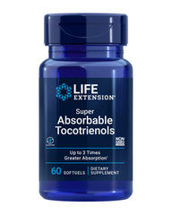 Life Extension Super Absorbable Tocotrienols bottle showing easy to swallow softgels and gluten-free formulation