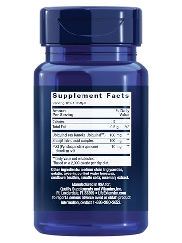 Life Extension Super Ubiquinol CoQ10 bottle back with ingredients and USA manufacturing notes