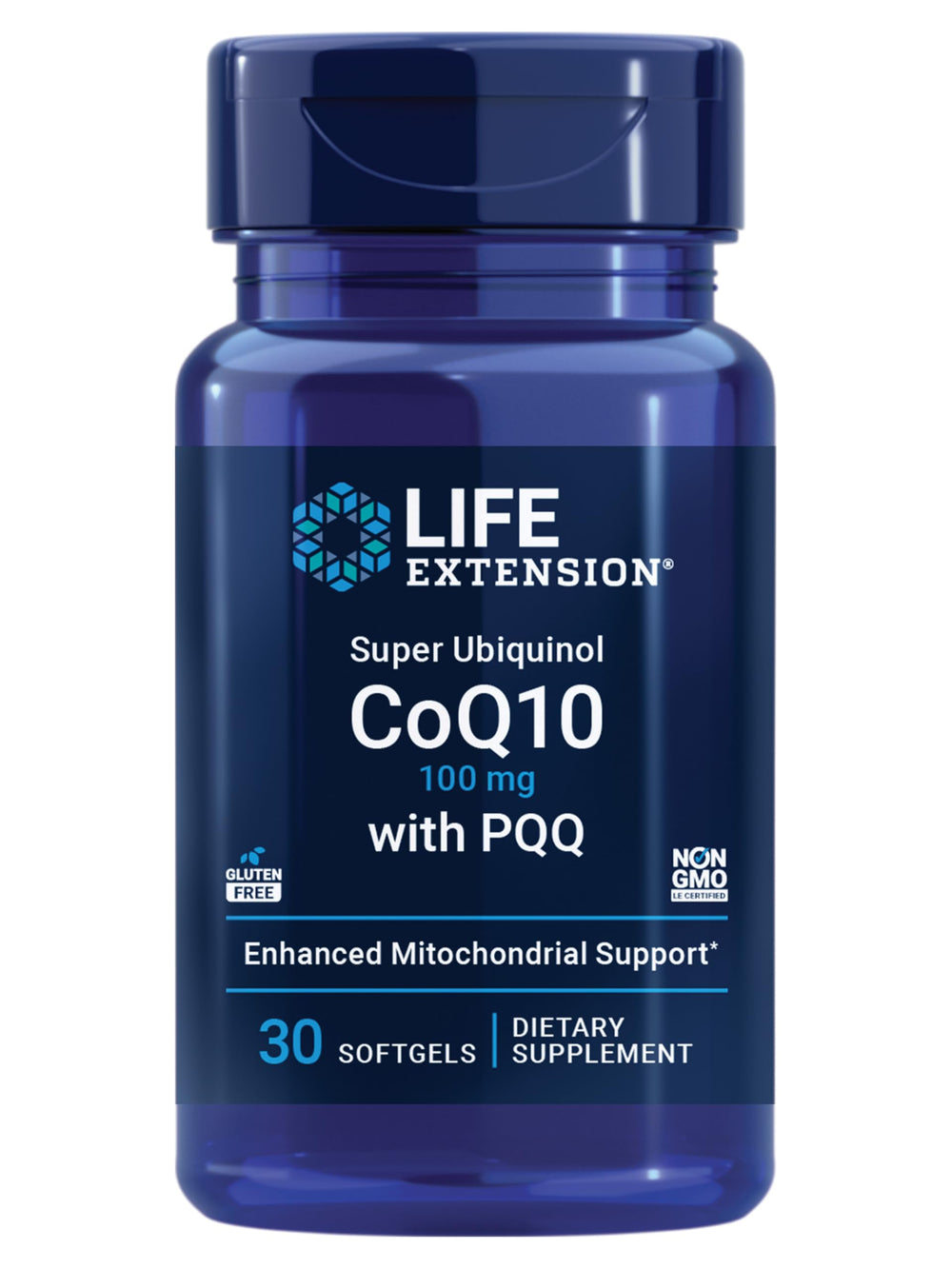 Life Extension Super Ubiquinol CoQ10 bottle front showing high-absorption formula for daily energy