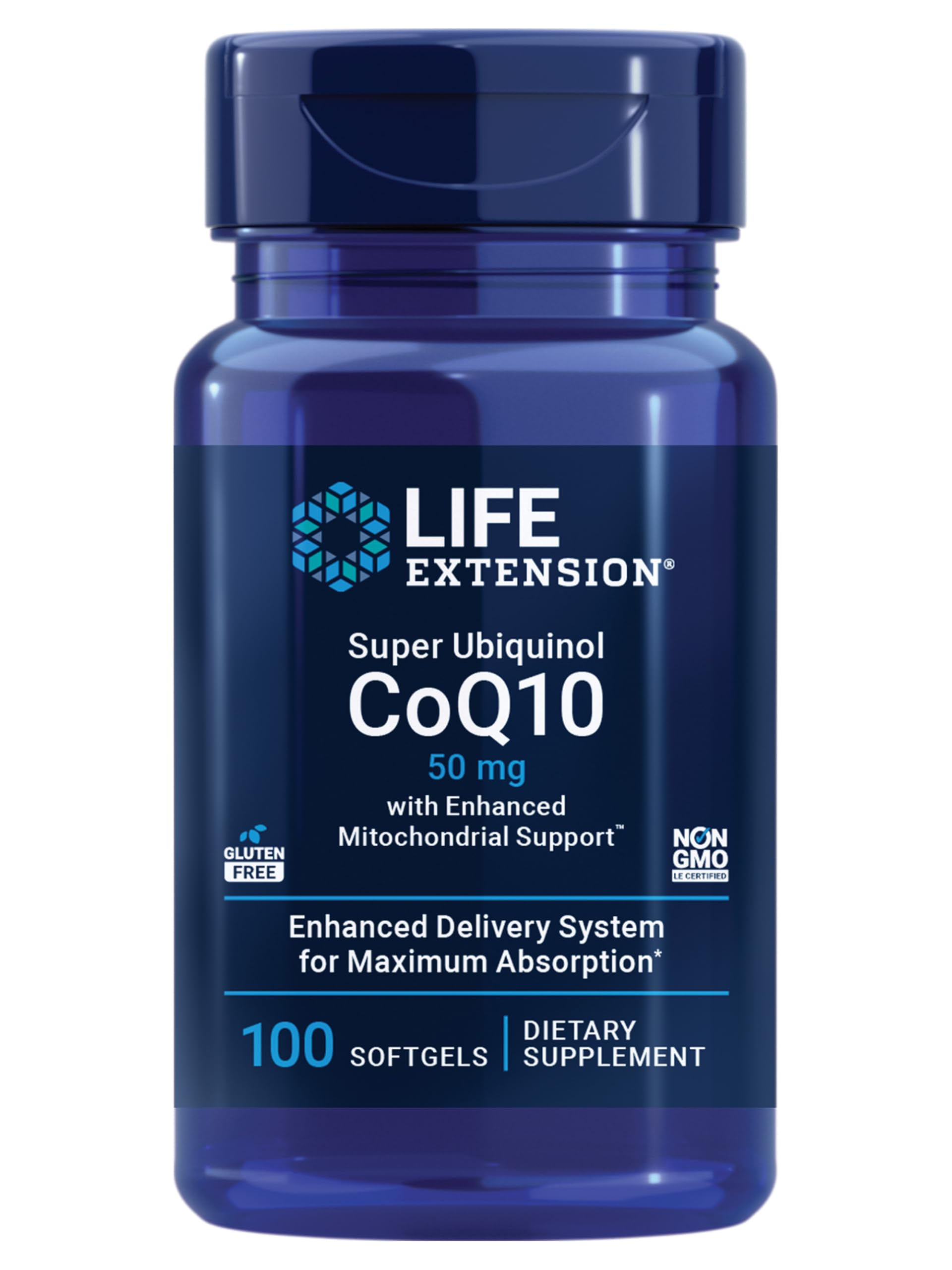 Life Extension Super Ubiquinol CoQ10 bottle on a clean surface supporting heart health.