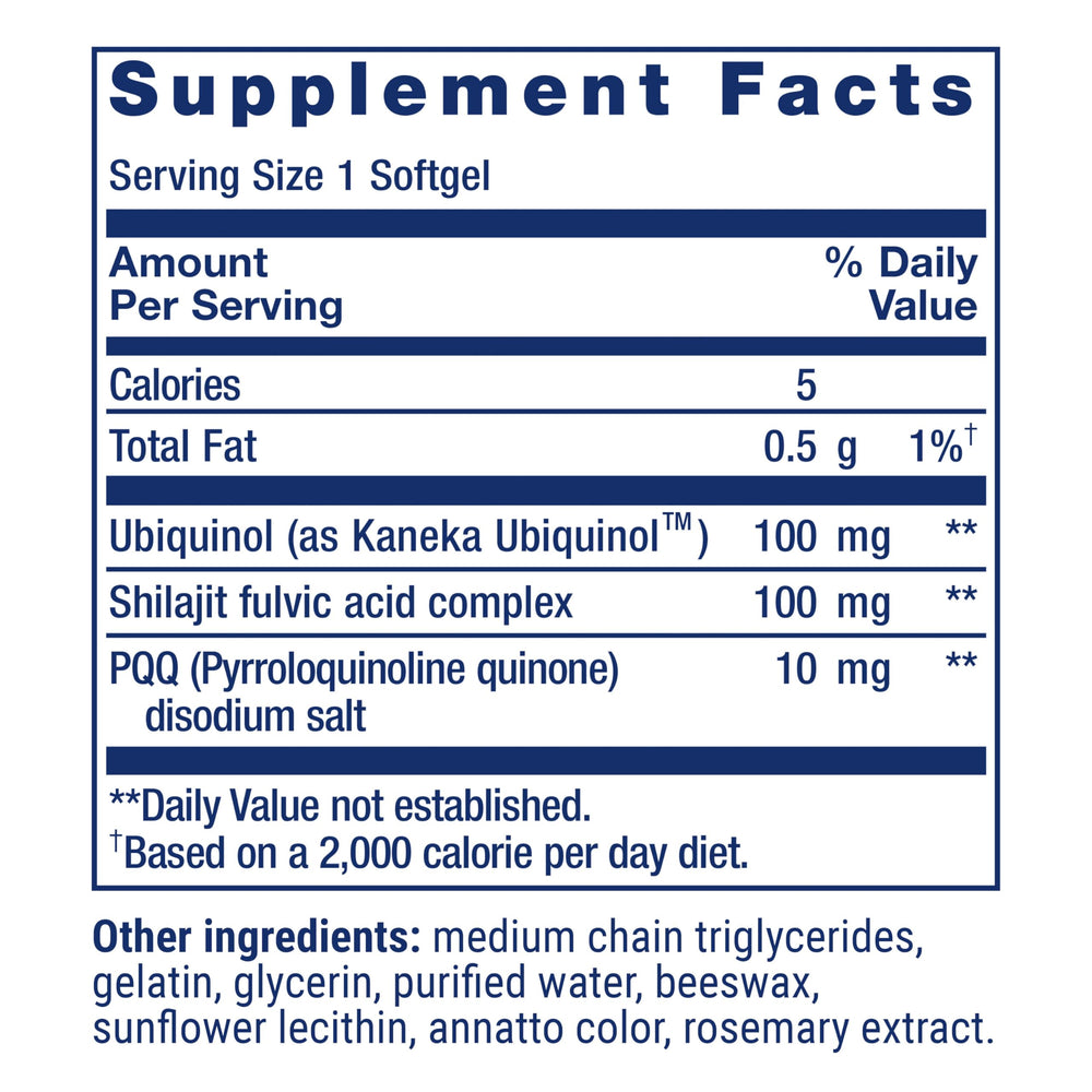 Life Extension Super Ubiquinol CoQ10 label close-up highlighting 100 mg CoQ10 per softgel