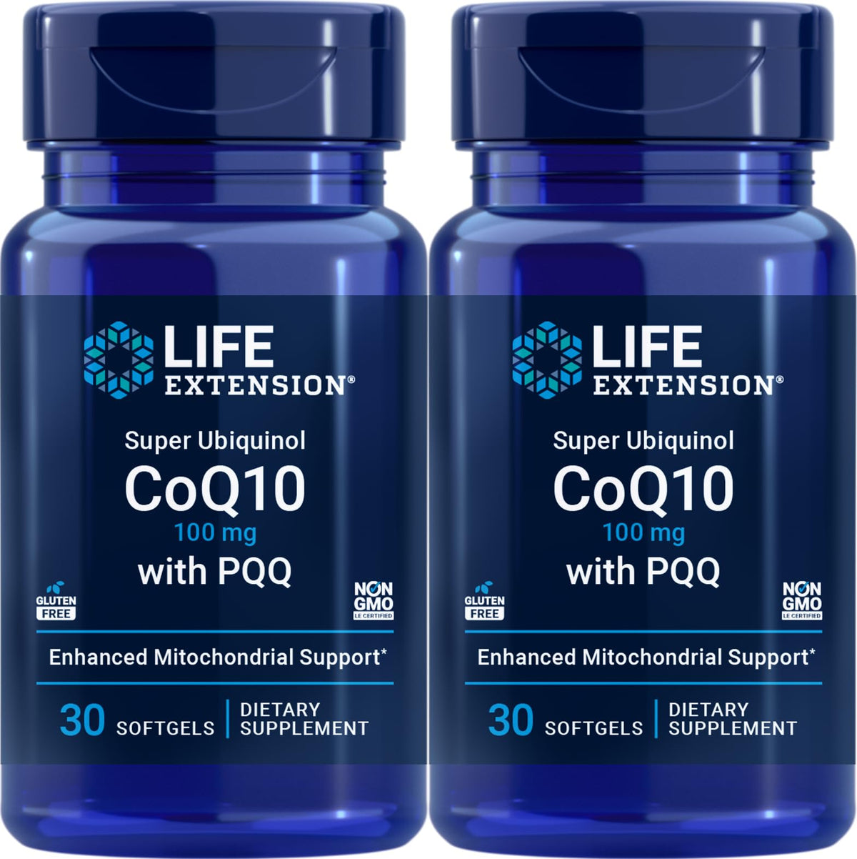 Life Extension Super Ubiquinol CoQ10 with PQQ bottle close-up for energy-supporting formula.