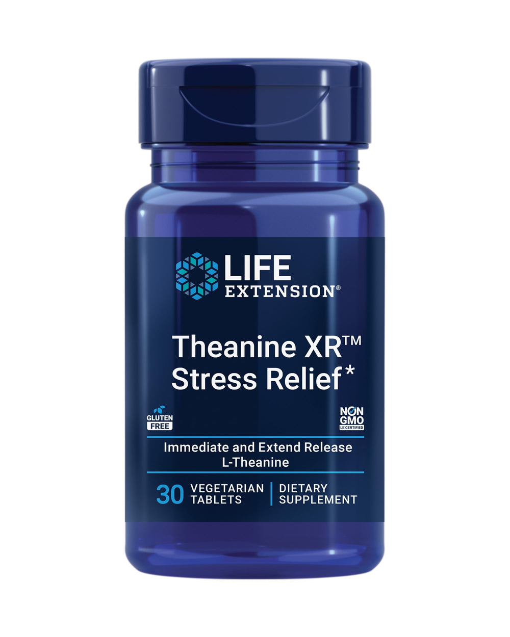 Life Extension Theanine XR bottle and capsules for calm focus