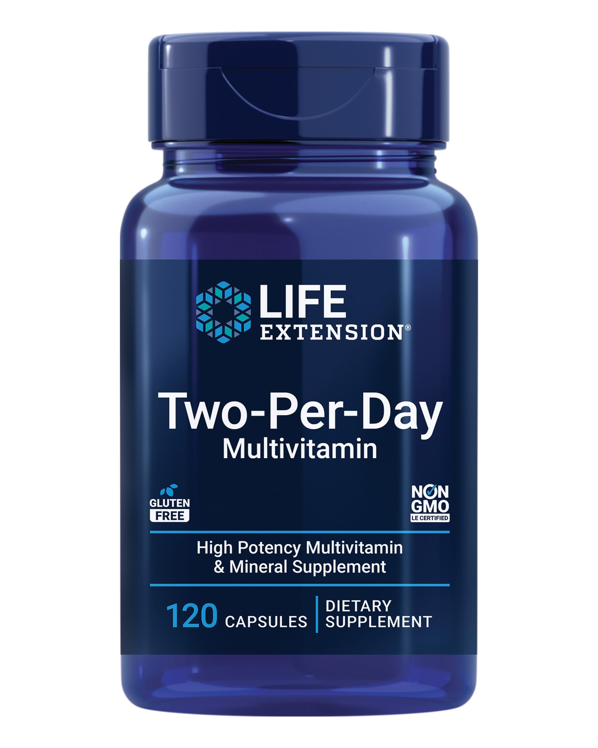 Life Extension Two-Per-Day multivitamin bottle front view supports daily nutrition