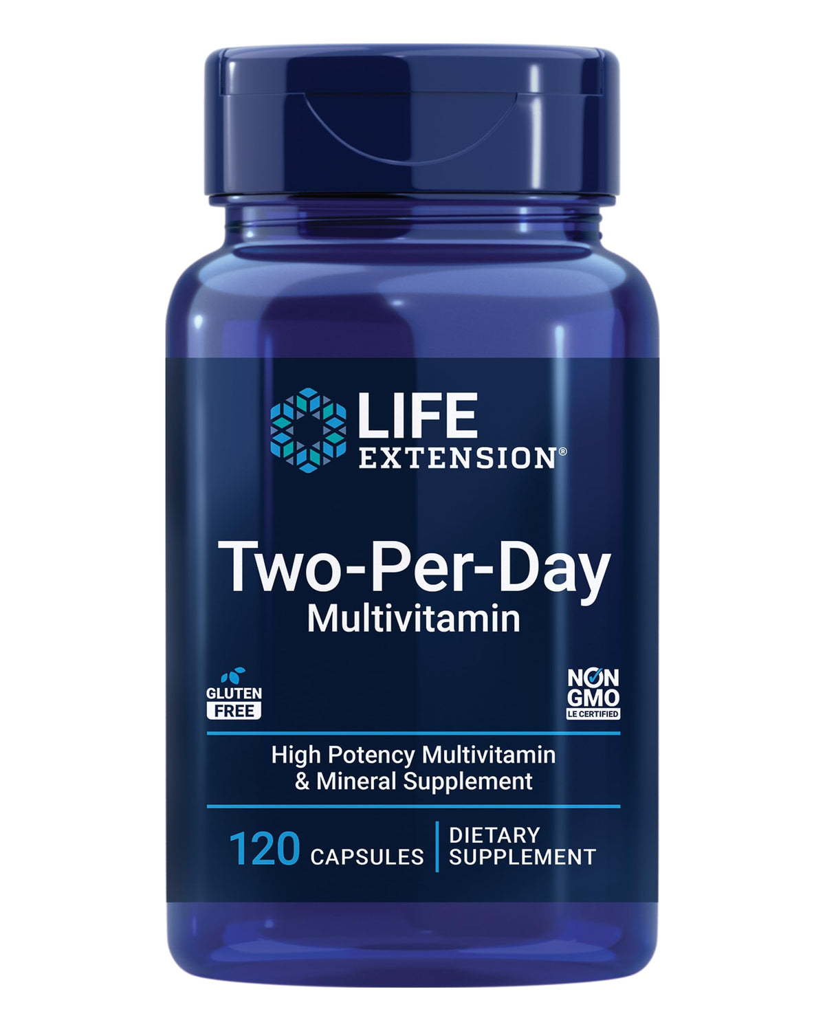 Life Extension Two-Per-Day multivitamin bottle front view supports daily nutrition