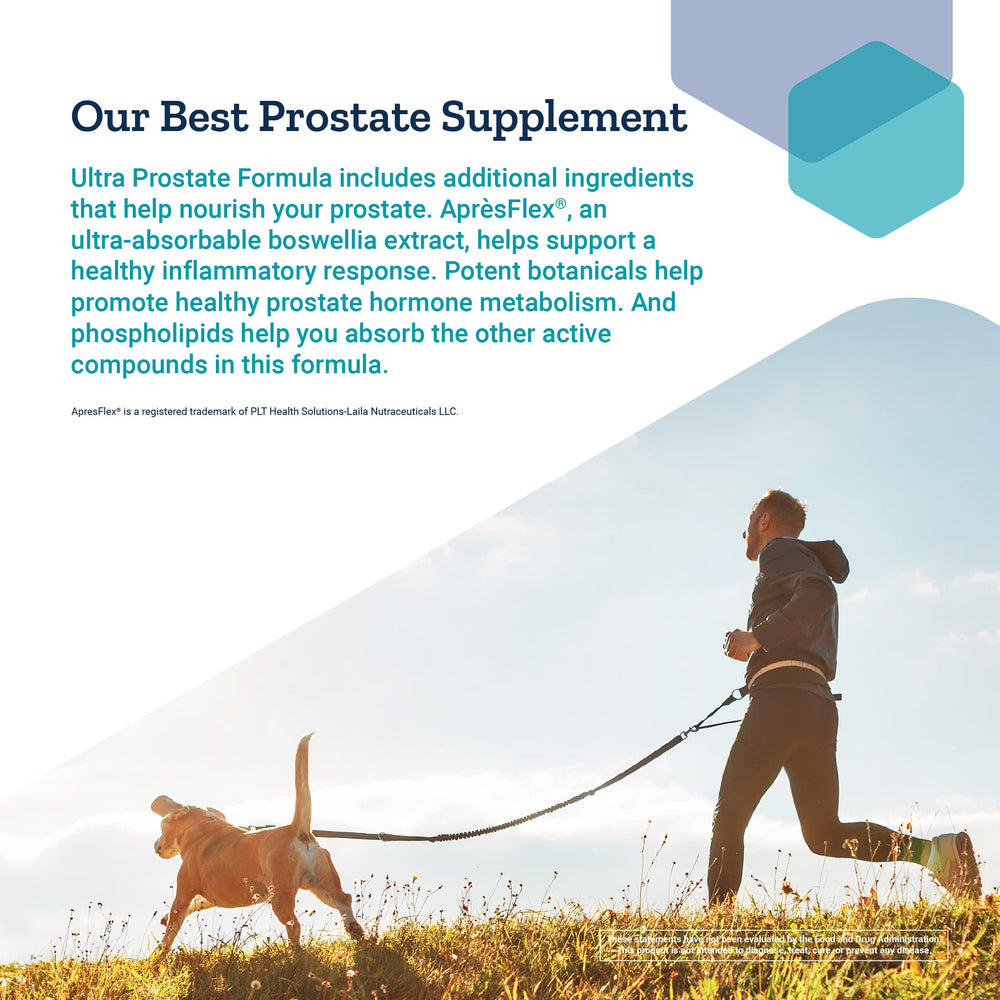 Life Extension Ultra Prostate Formula bottle beside glass of water for daily use.