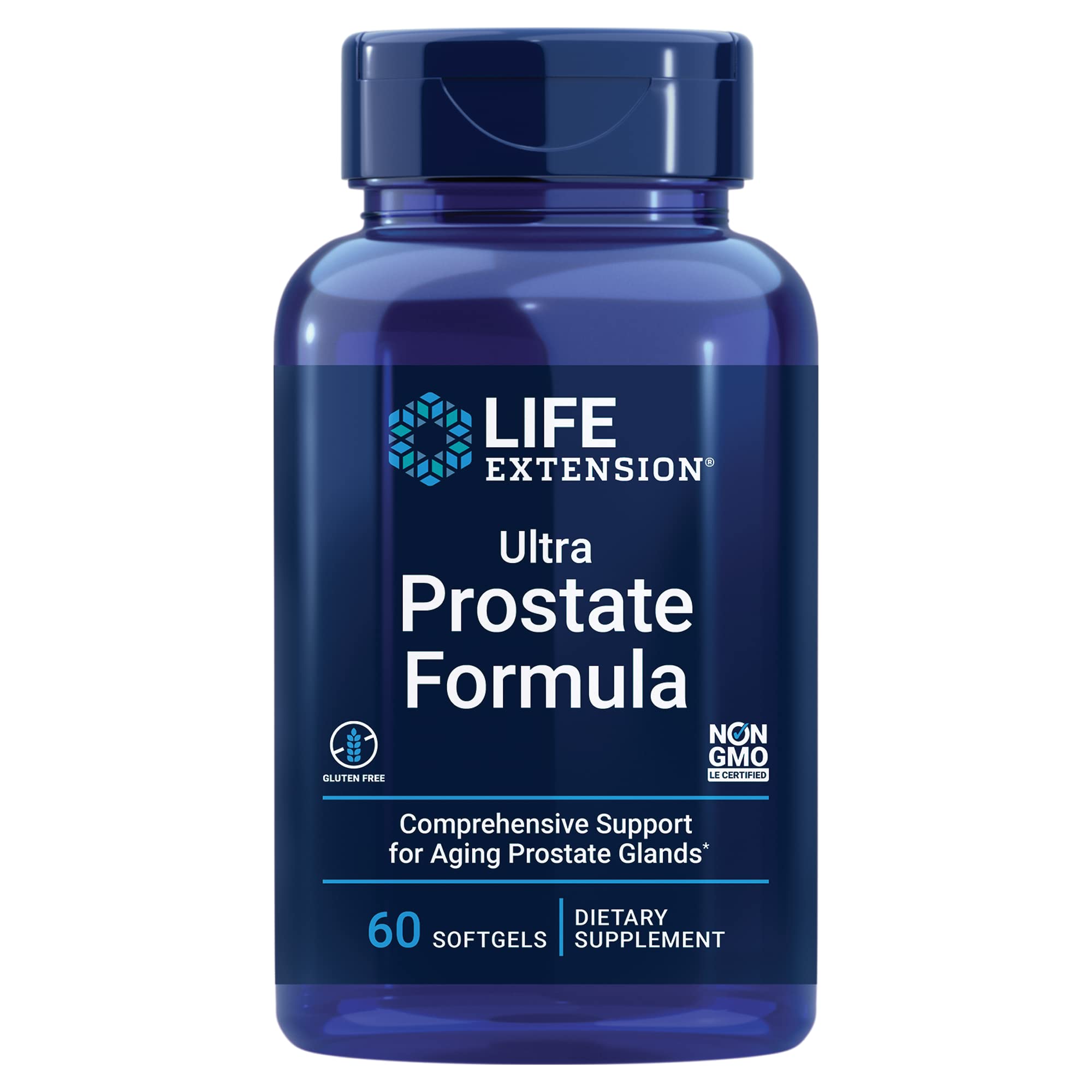 Life Extension Ultra Prostate Formula bottle shows easy-to-swallow softgels for daily support.