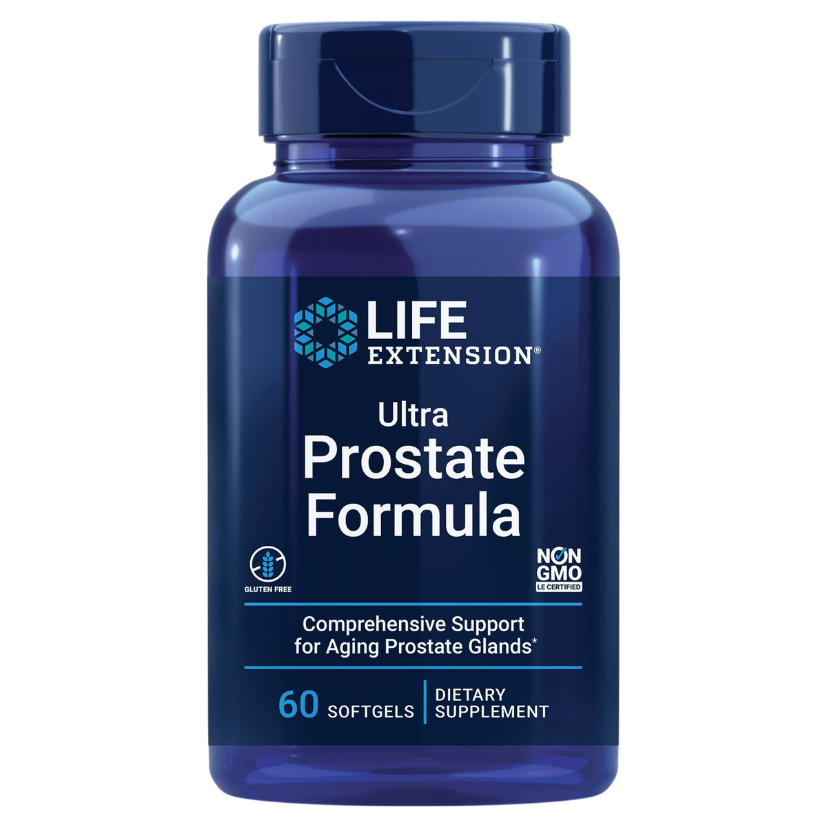 Life Extension Ultra Prostate Formula bottle shows easy-to-swallow softgels for daily support.