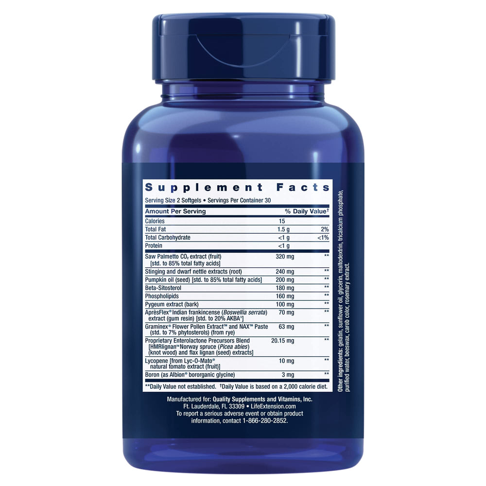 Close-up of Life Extension Ultra Prostate Formula softgels for convenient daily dosing.