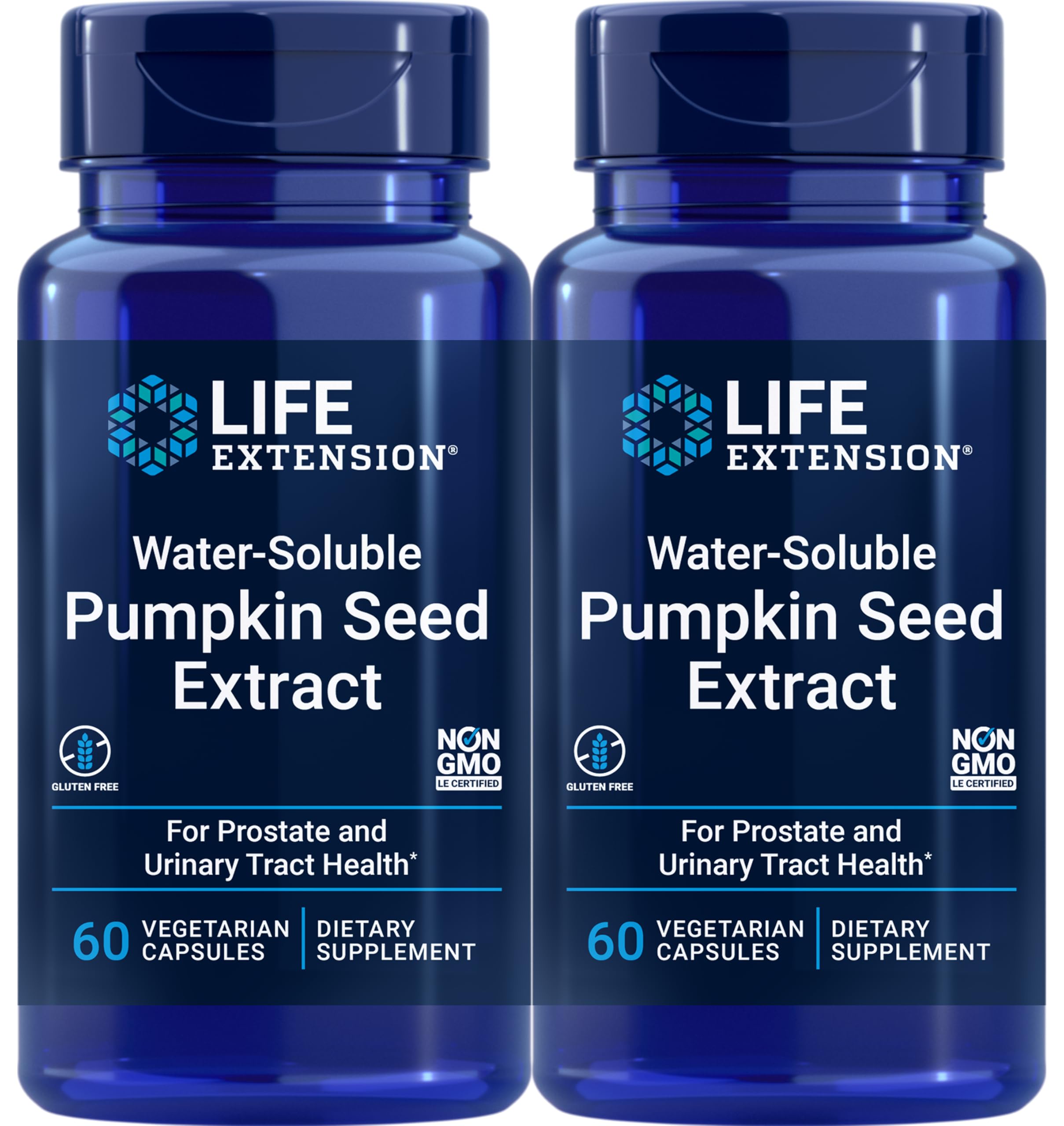 Life Extension Water-Soluble Pumpkin Seed Extract bottle, gluten-free and non-GMO for vegetarians.