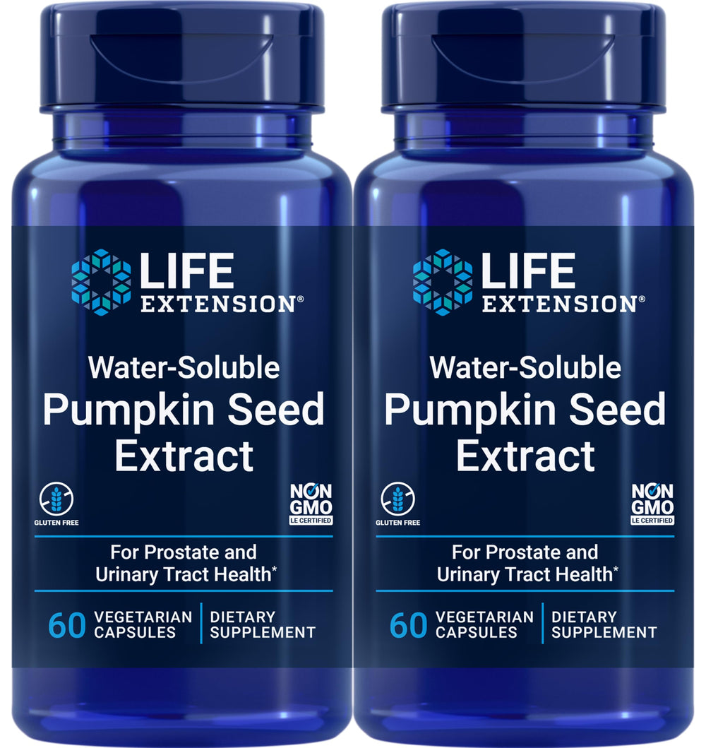 Life Extension Water-Soluble Pumpkin Seed Extract bottle, gluten-free and non-GMO for vegetarians.