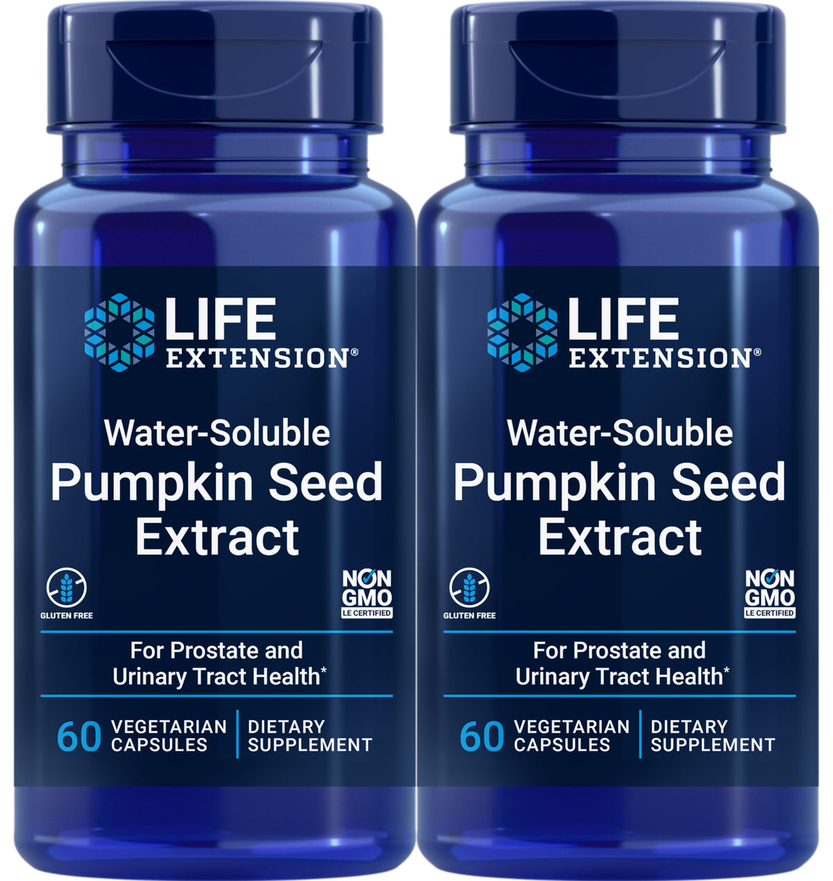 Life Extension Water-Soluble Pumpkin Seed Extract bottle, gluten-free and non-GMO for vegetarians.