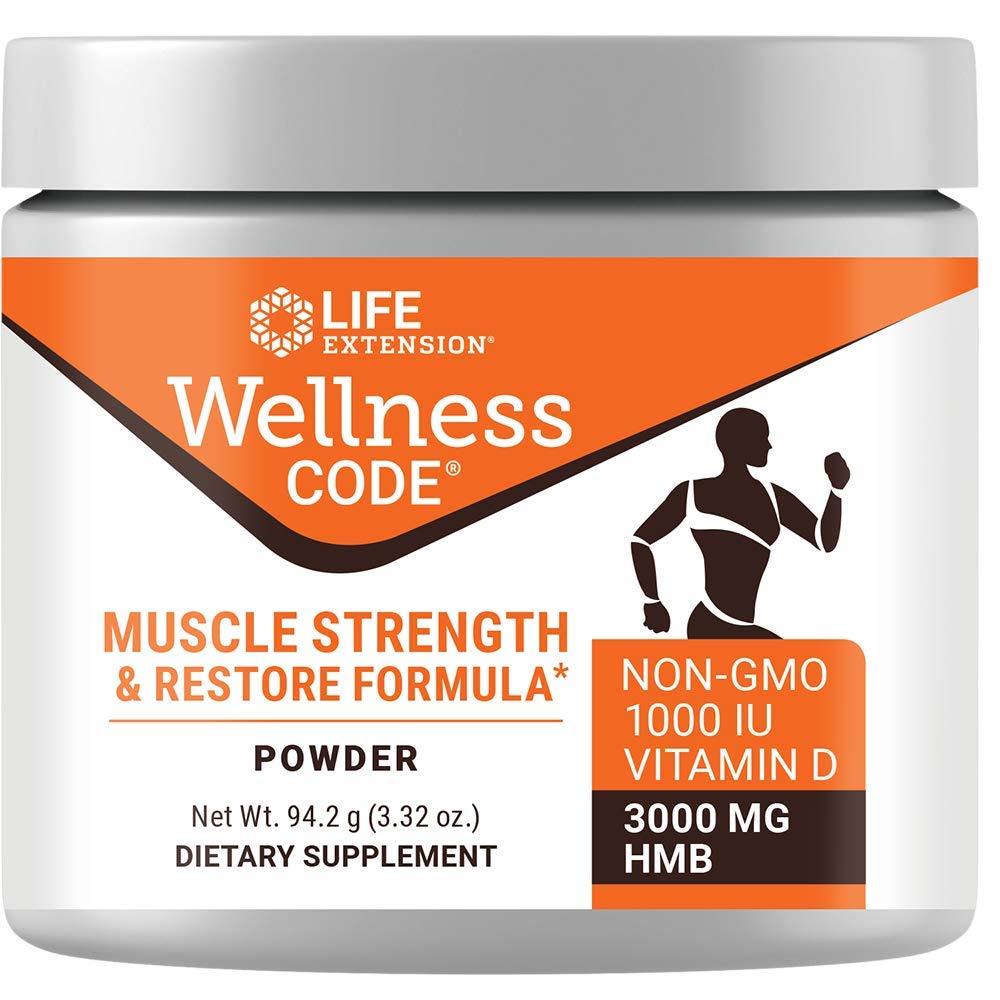 Life Extension Wellness Code Muscle Strength gluten-free formula label for dietary needs.