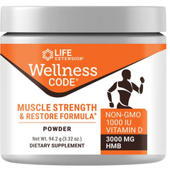 Life Extension Wellness Code Muscle Strength gluten-free formula label for dietary needs.