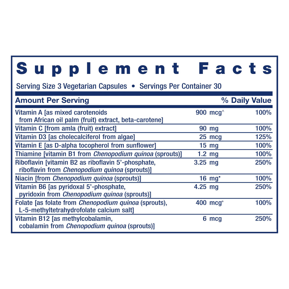 Non-GMO certification marks purity on Life Extension multivitamin packaging.