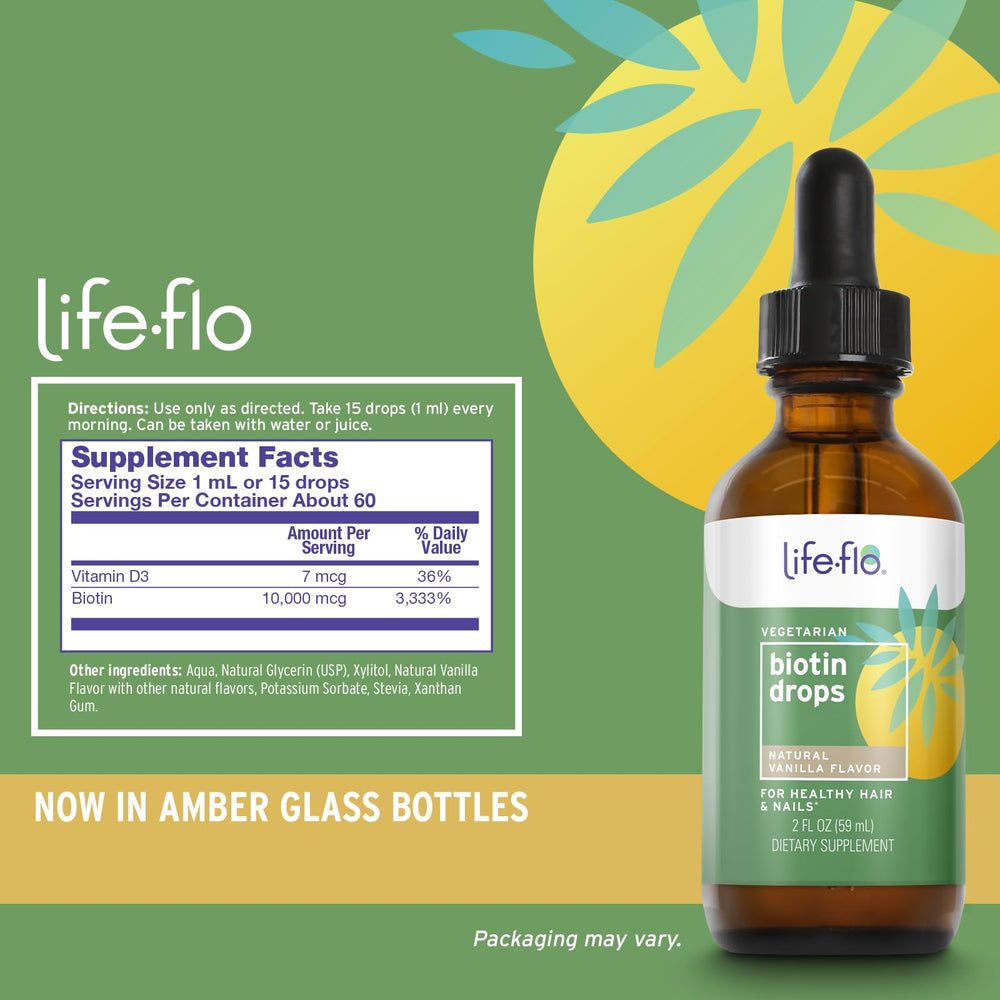 Life-Flo Biotin Drops dropper releasing liquid for simple supplementation.