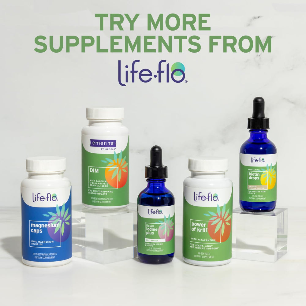 Life-Flo Biotin Drops label highlights high potency and vanilla flavor.