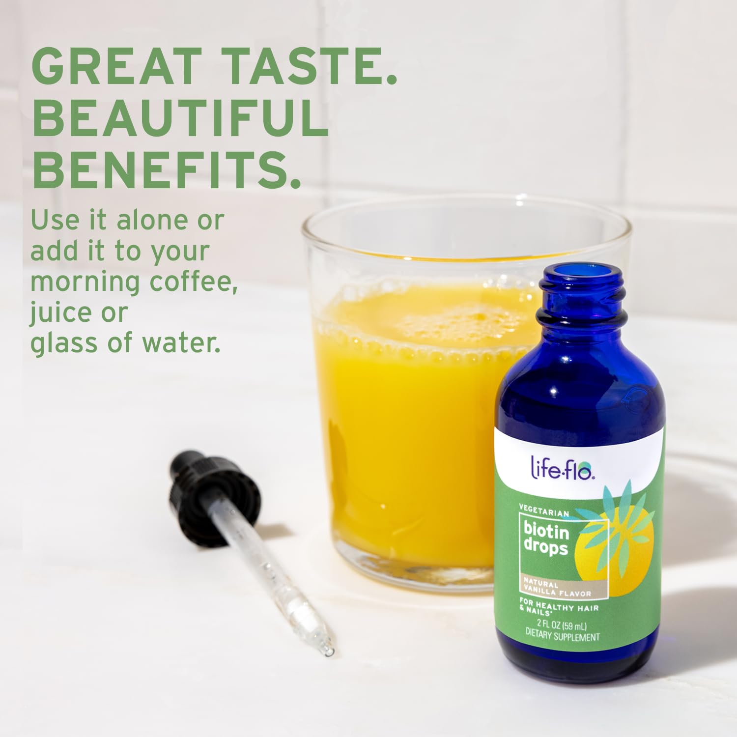 Life-Flo Biotin Drops stirred into a smoothie for convenience.